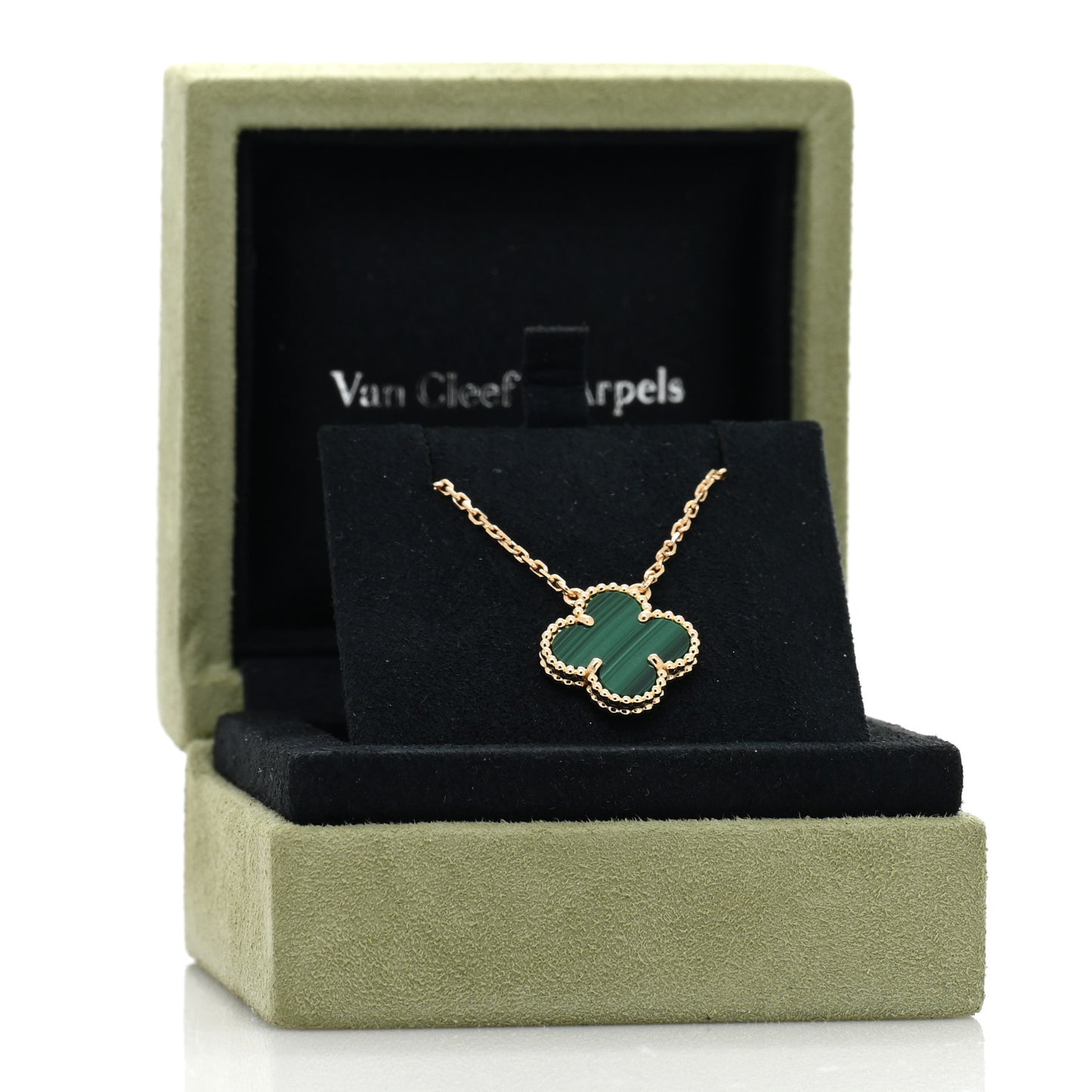 18K Yellow Gold Malachite Vintage Alhambra Pendant Necklace