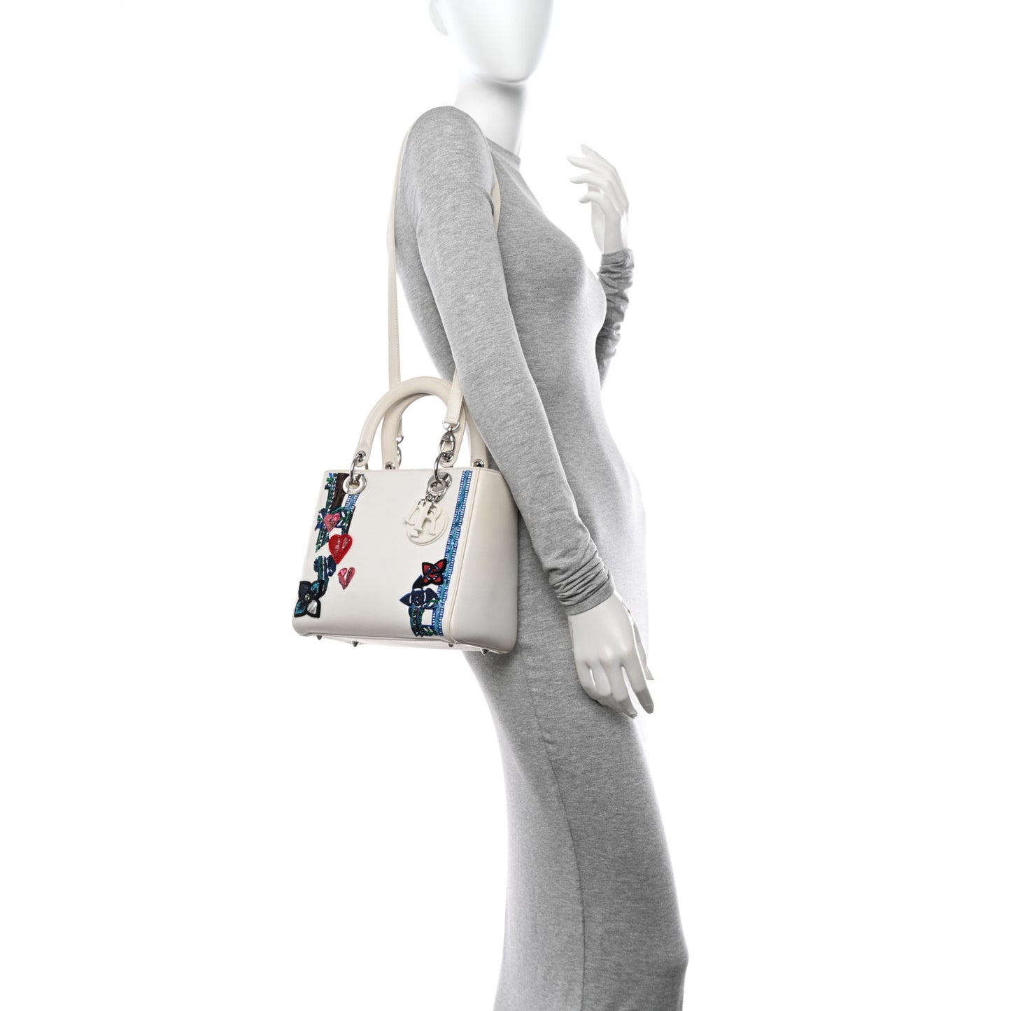 Smooth Calfskin Embroidered Beaded Floral Medium Lady Dior White Multicolor