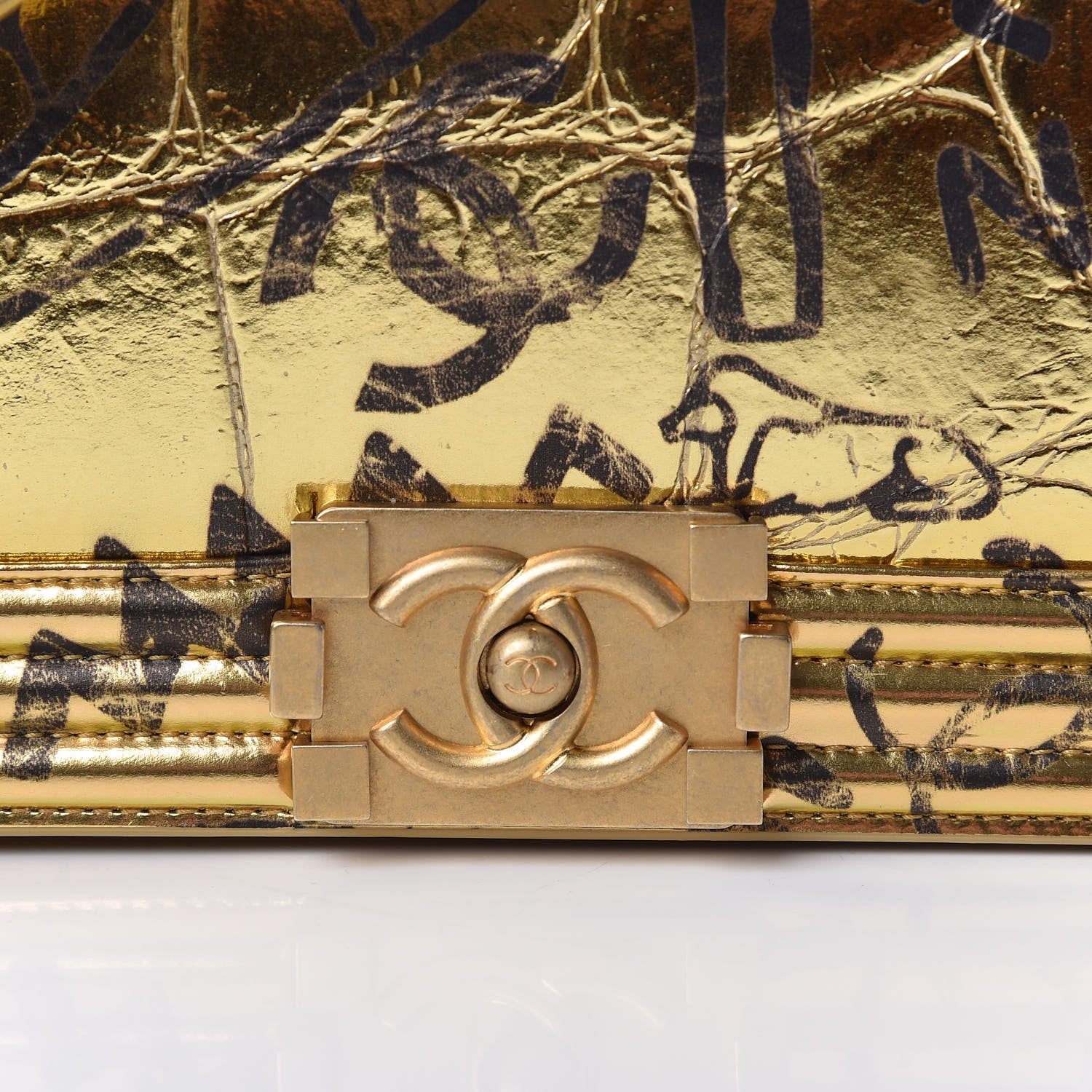 Chanel Metallic Calfskin Crocodile Embossed Graffiti Medium Cocodile Boy Flap Gold 10 of 13