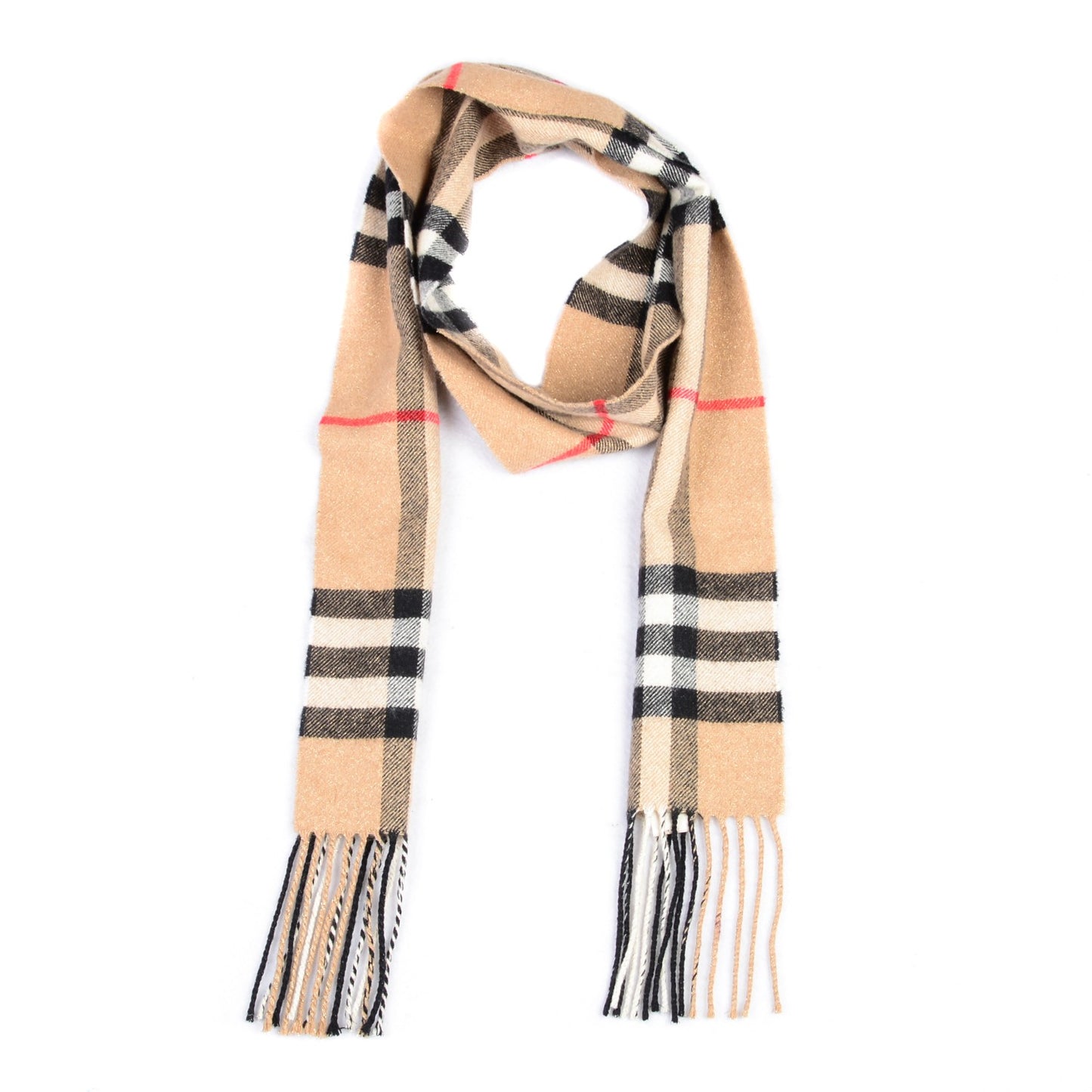 Cashmere Metallic Giant Check Skinny Scarf Camel