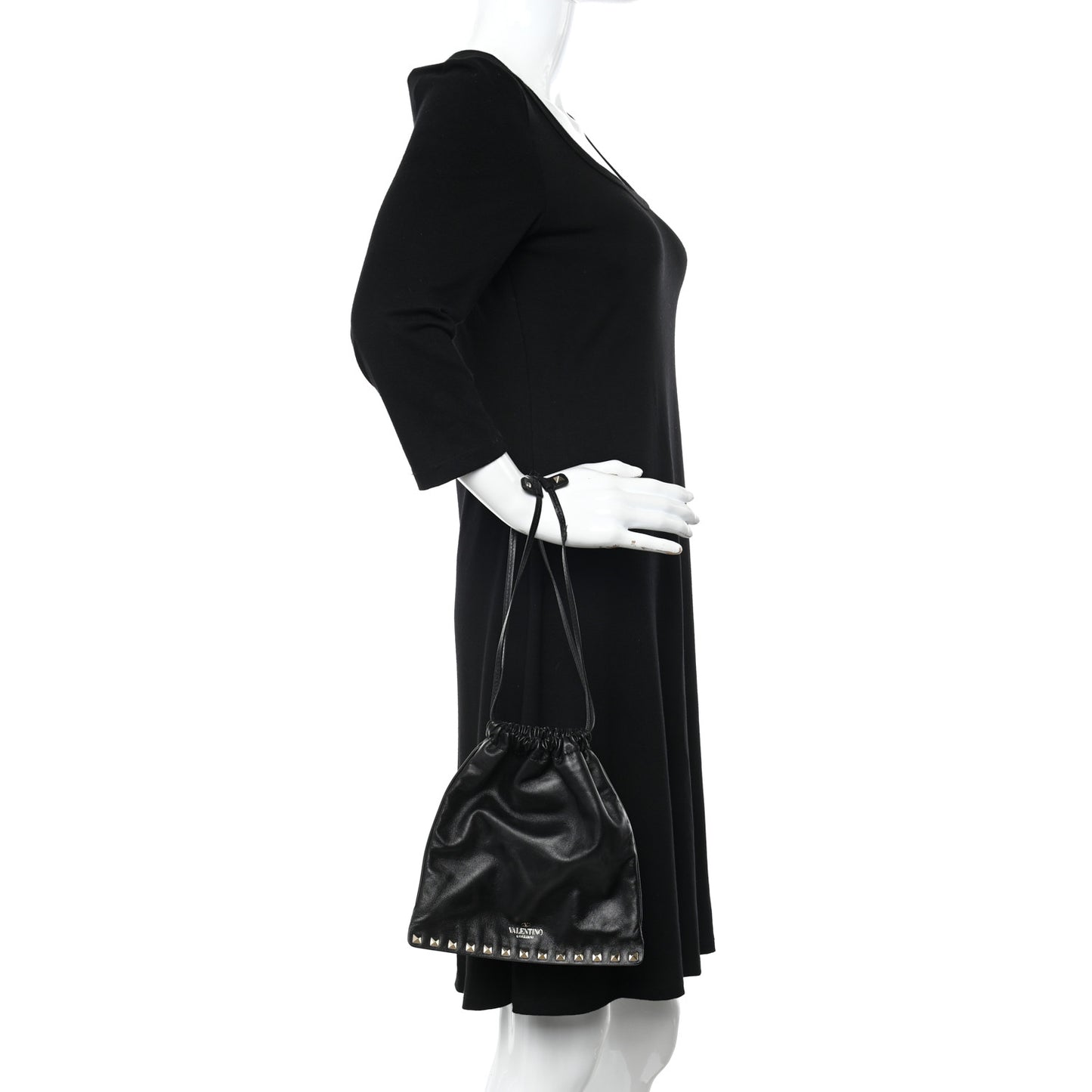 Calfskin Rockstud Drawstring Pouch Black
