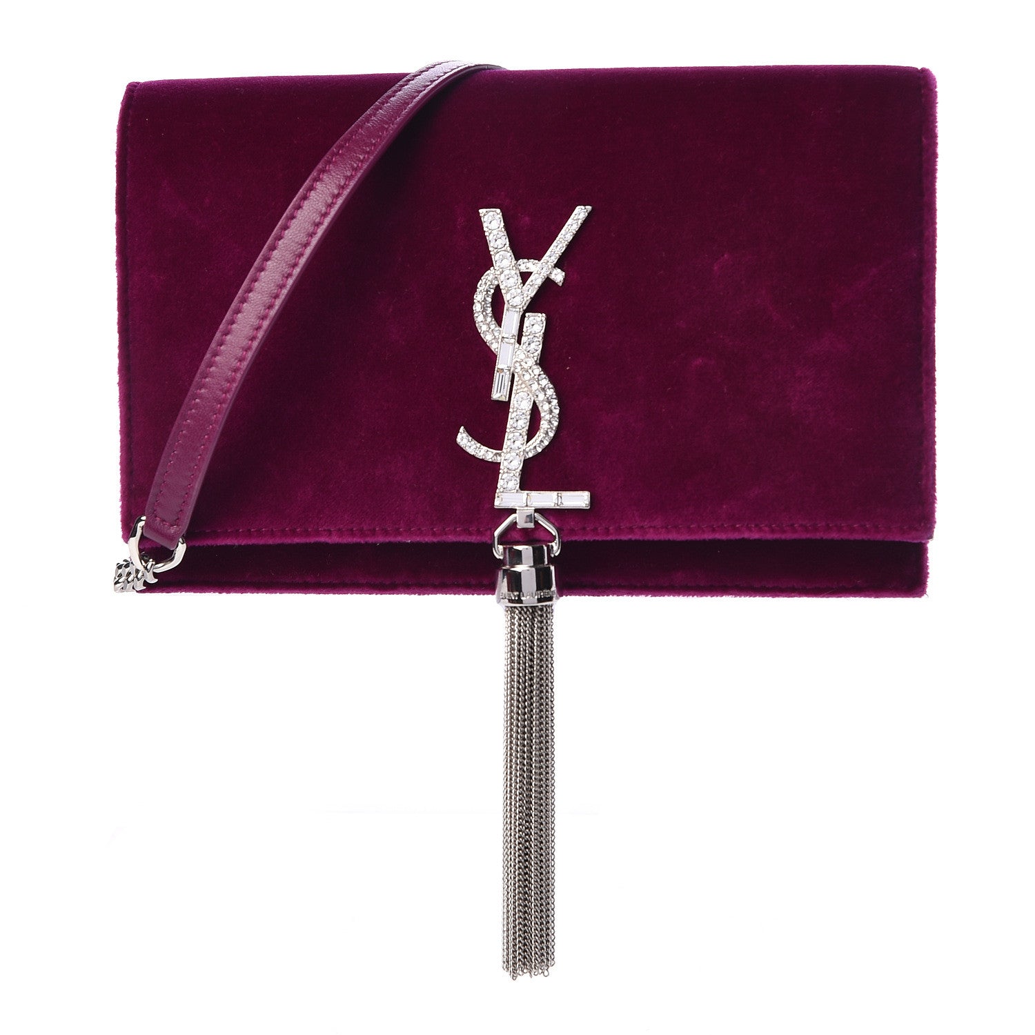 Saint Laurent Velvet Crystal Monogram Kate Tassel Shoulder Bag Fuchsia 1 of 12