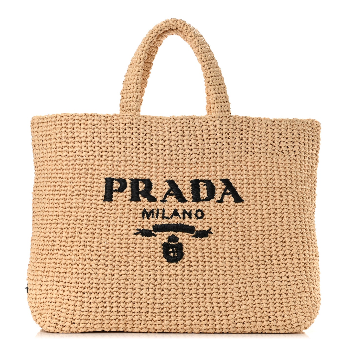 Yarn Raffia Effect Crochet Embroidered Logo Tote Naturale