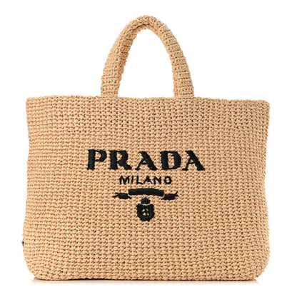 Prada Yarn Raffia Effect Crochet Embroidered Logo Tote Naturale 1 of 9