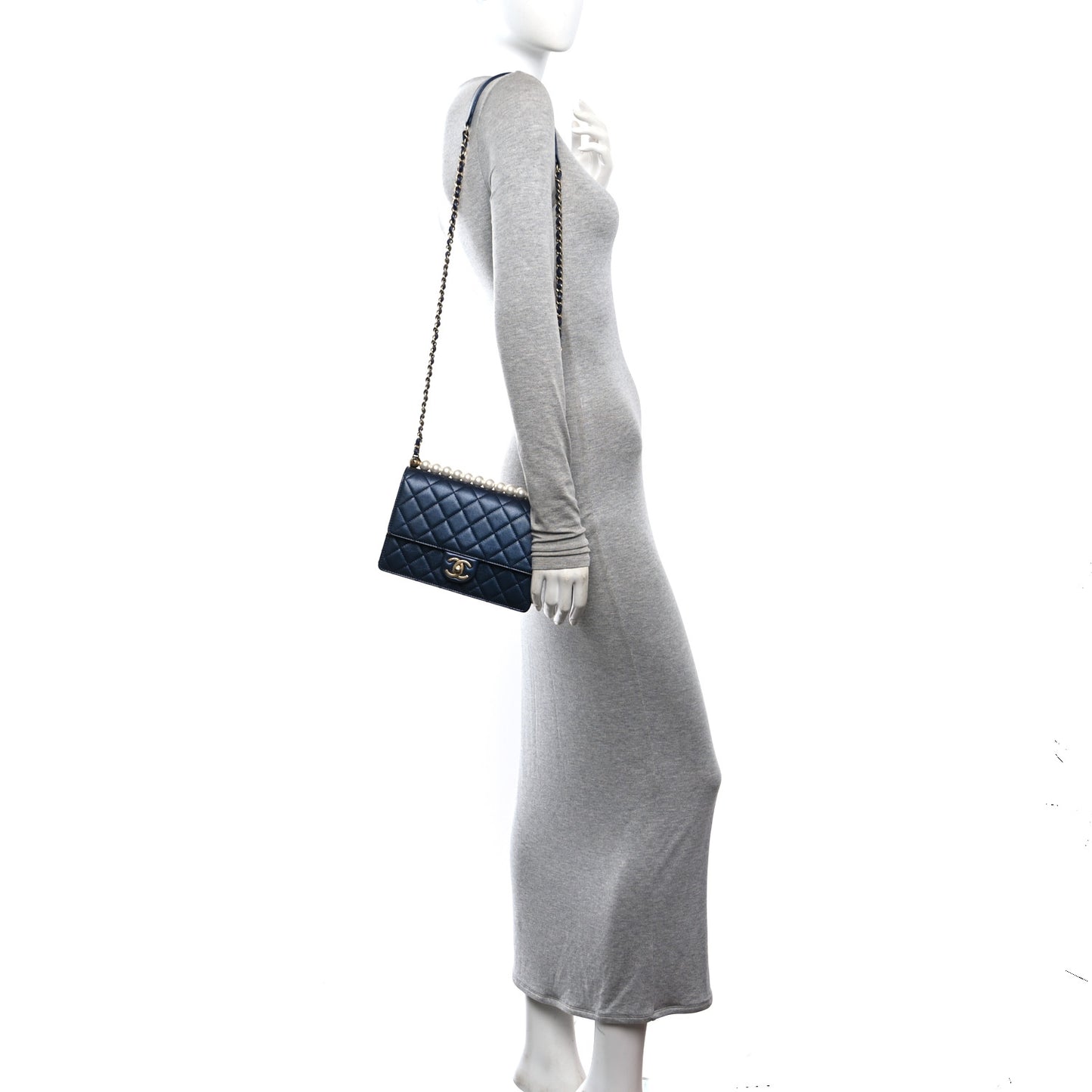 Iridescent Lambskin Quilted Small Chic Pearls Flap Navy Blue