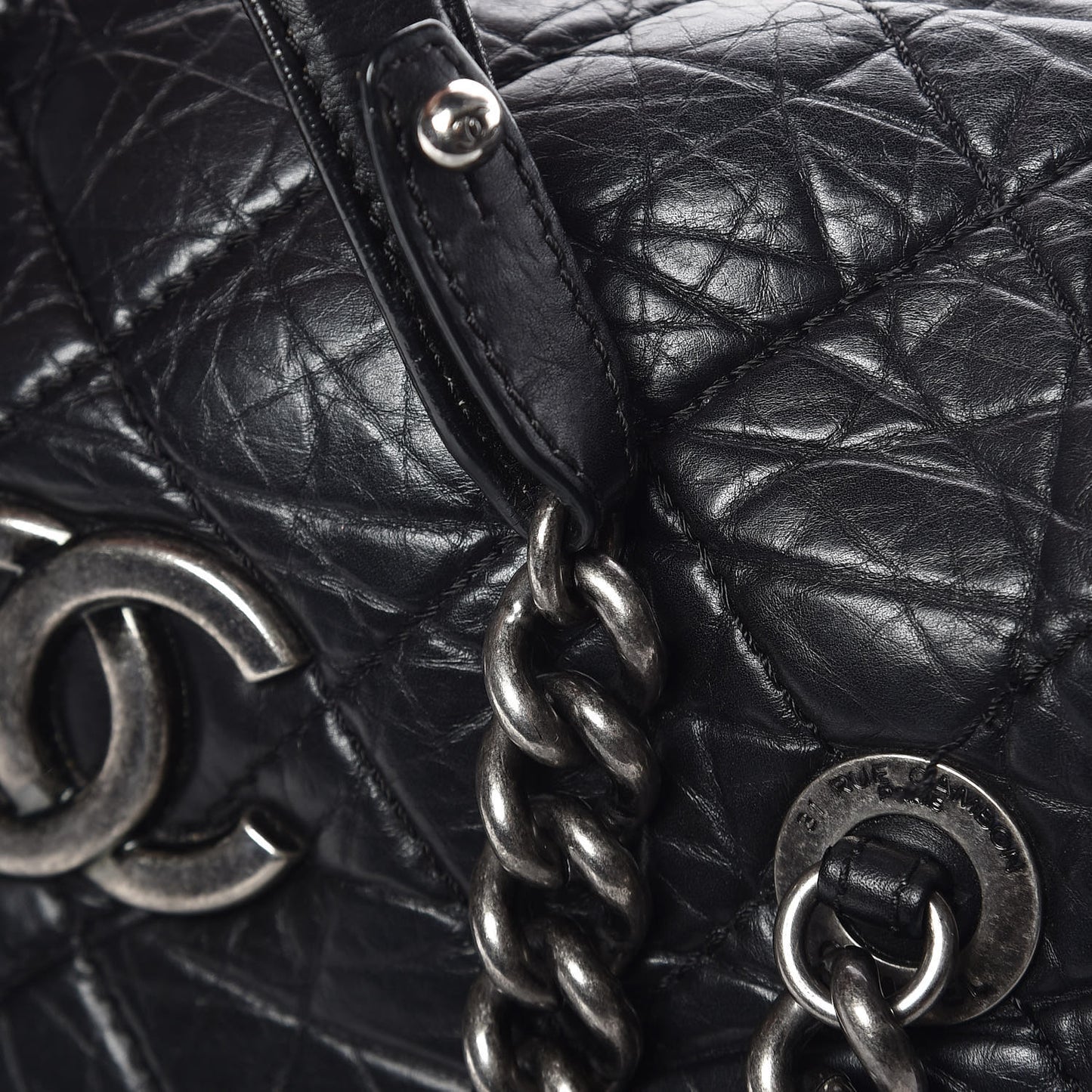Aged Calfskin Quilted Large Secret Tag Bowling Bag Black