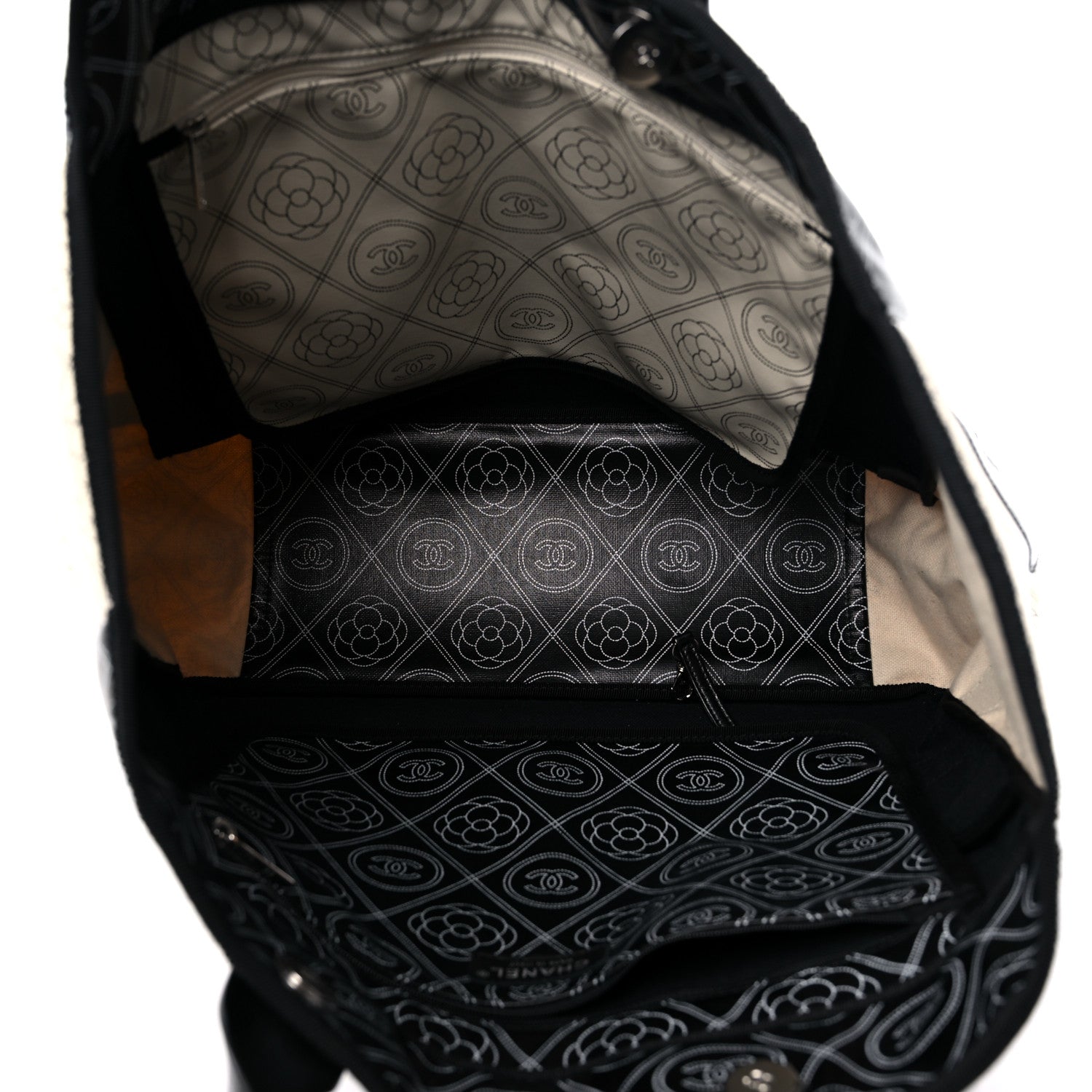 Chanel Coated Canvas Camellia Large Shopping Tote Black Beige 5 of 9