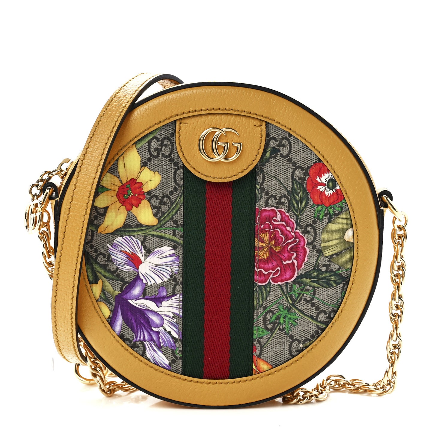 GG Supreme Monogram Flora Web Mini Ophidia Round Shoulder Bag Beige Multicolor Crop