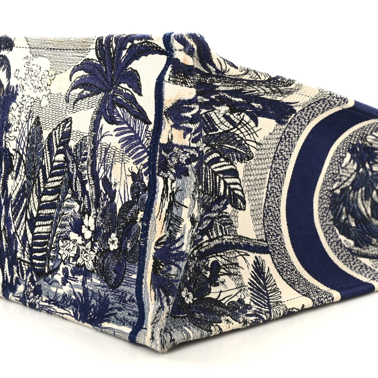 Canvas Embroidered Large Palm Tree Toile De Jouy Book Tote Blue