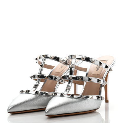 Valentino Garavani Metallic Pebbled Calfskin Rockstud 90mm Cage Mules 39 Silver 3 of 8