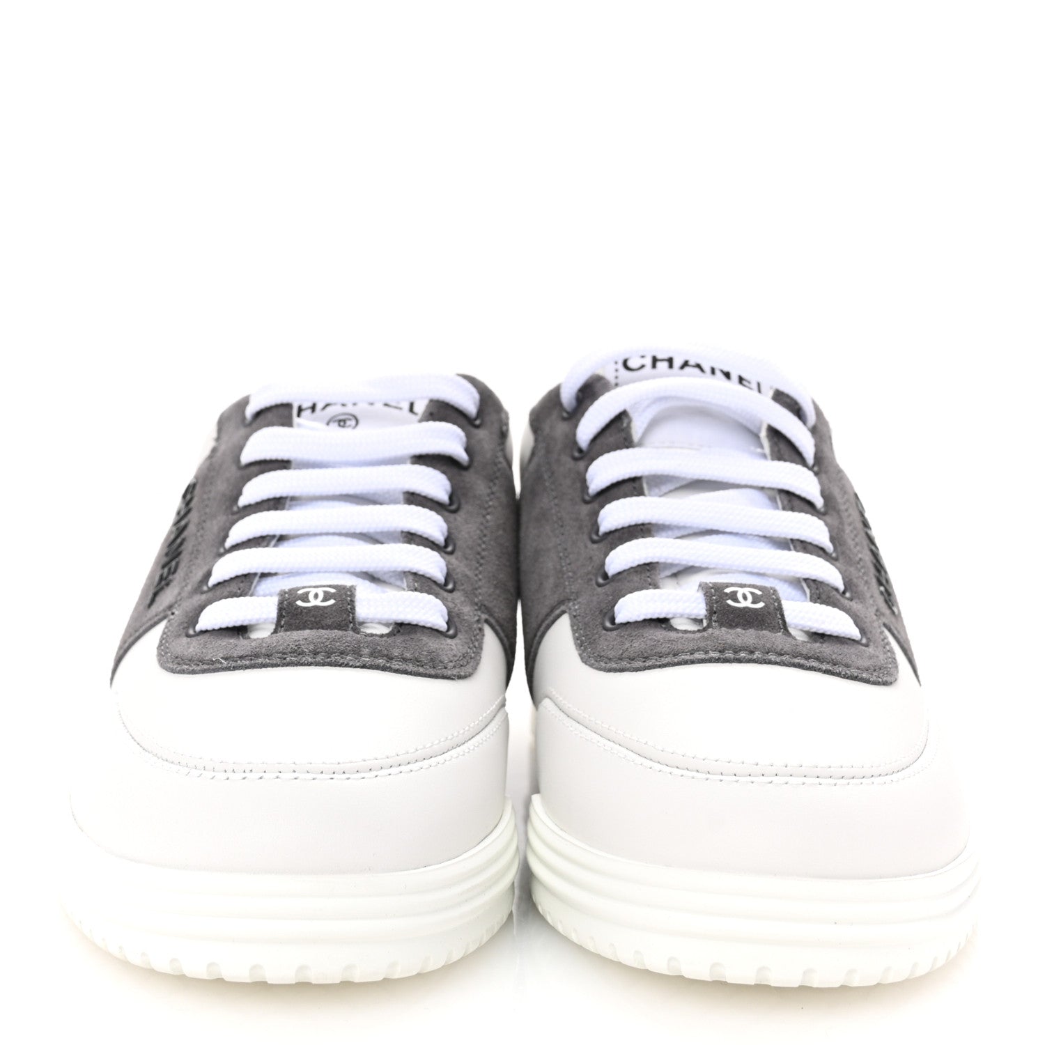 Chanel Calfskin Suede Calfskin Logo Womens Sneakers 35 White Gray 3 of 10
