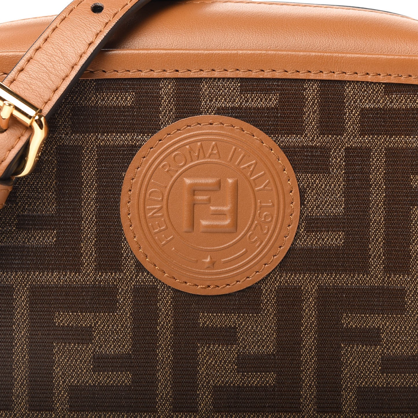 Glazed Fabric Vitello Century FF 1974 Stamp Patch Mini Camera Case Mogano Panna Caramello