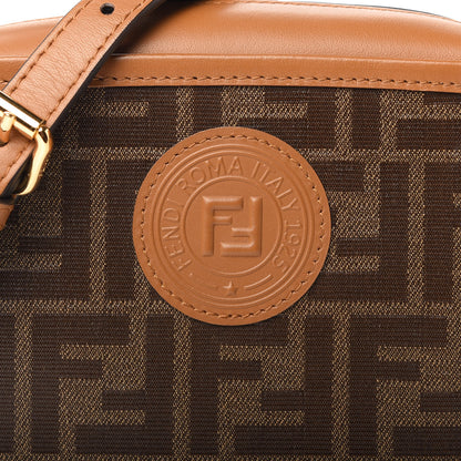 Fendi Glazed Fabric Vitello Century FF 1974 Stamp Patch Mini Camera Case Mogano Panna Caramello 10 of 11