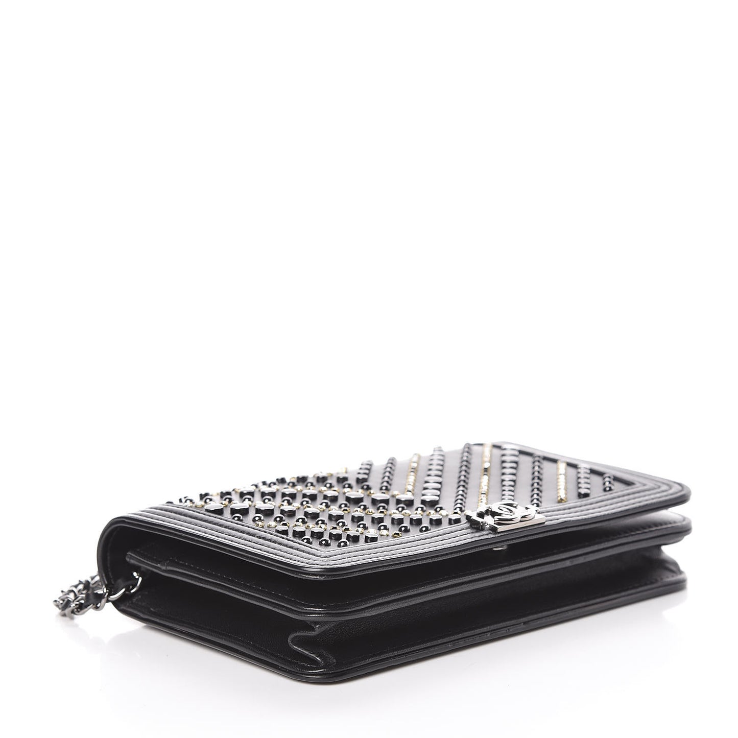 Calfskin Crystal Studded Chevron Boy Wallet On Chain WOC Black