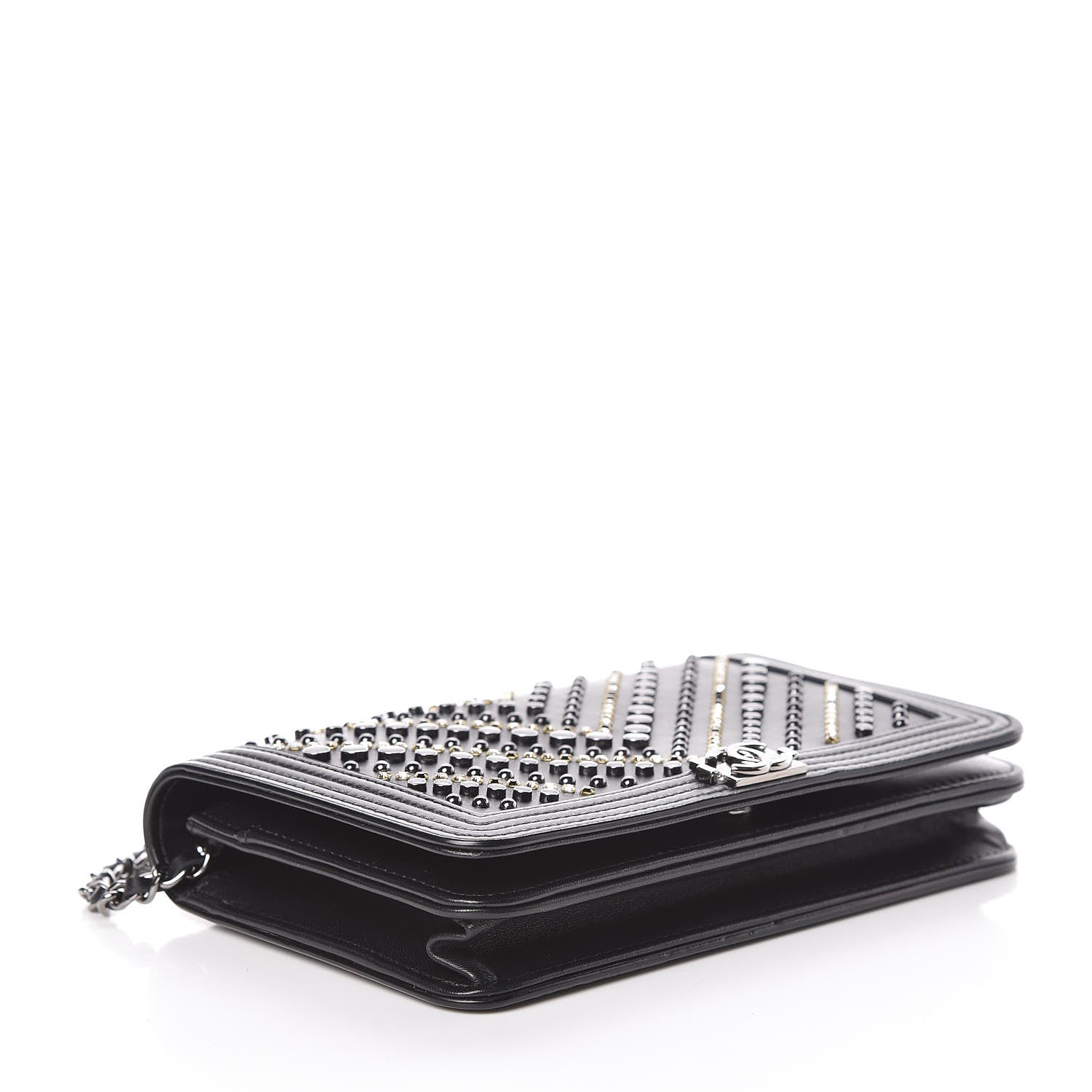 Chanel Calfskin Crystal Studded Chevron Boy Wallet On Chain WOC Black 4 of 17