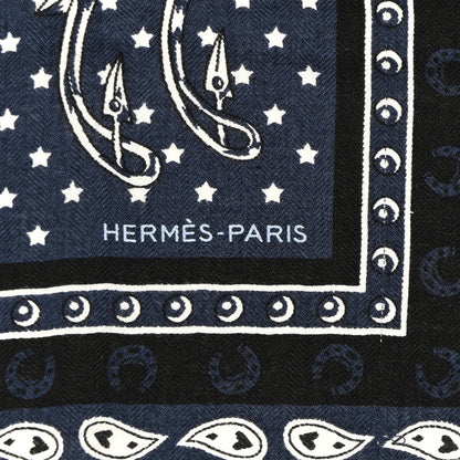 Hermes Cashmere Silk Cheval Punk Bandana Scarf 65 Marine Black White 2 of 5