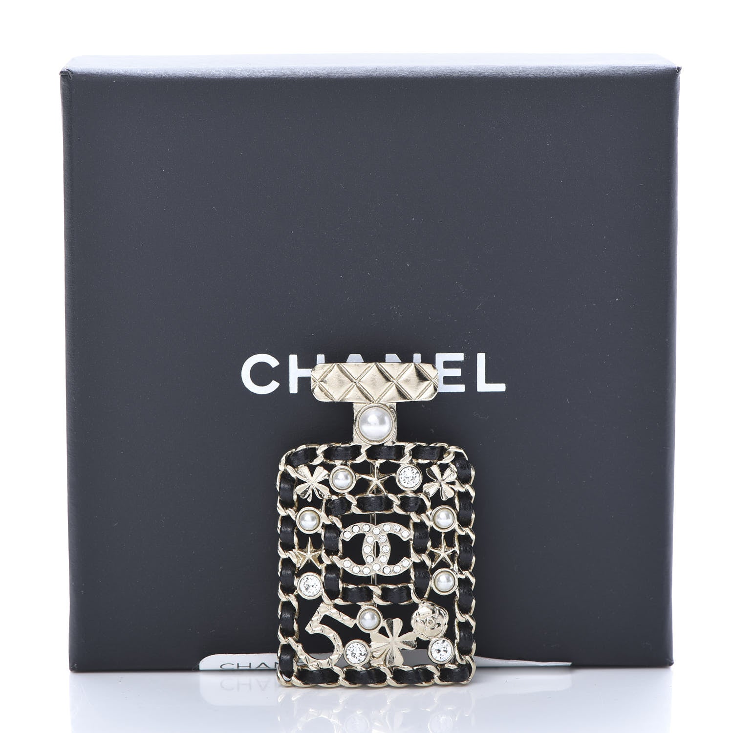 Chanel Lambskin Pearl Quilted Chain CC Perfume Bottle Brooch Gold 5 of 5