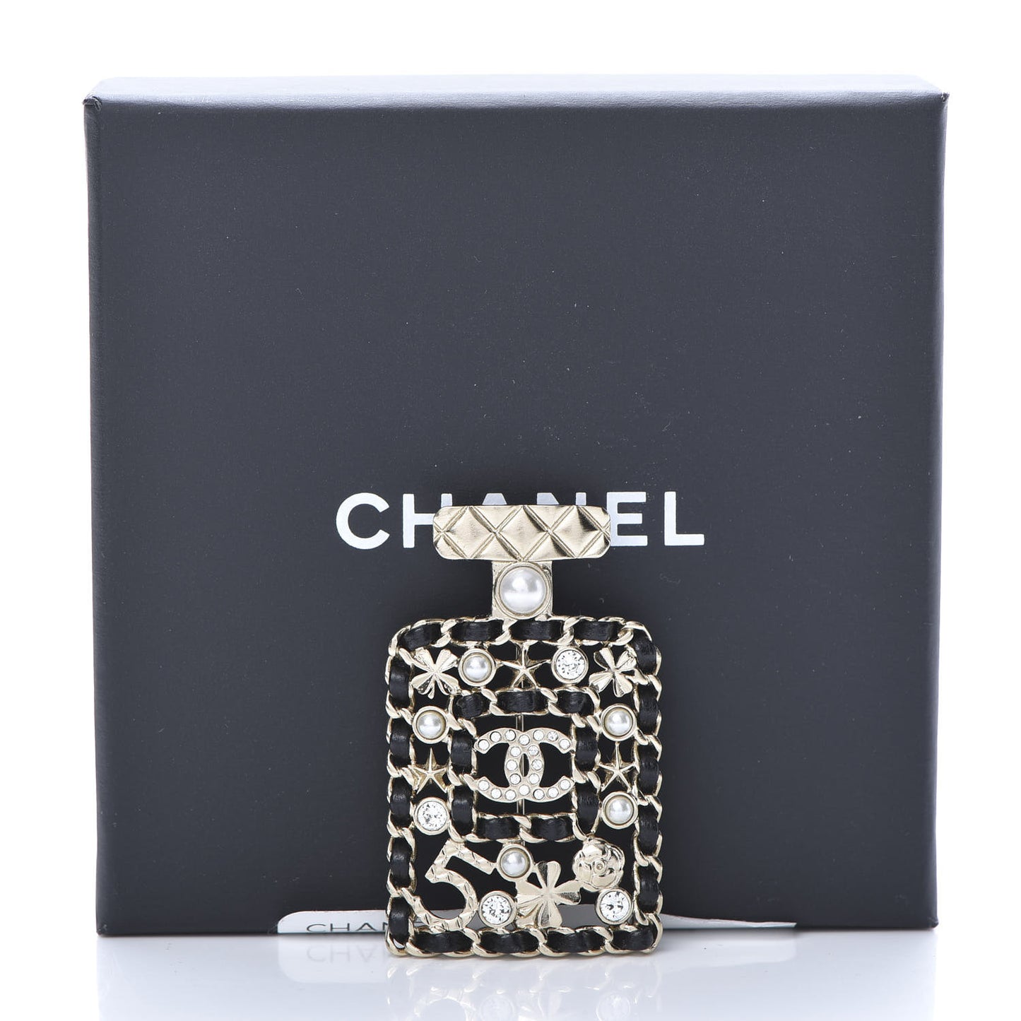 Lambskin Pearl Quilted Chain CC Perfume Bottle Brooch Gold