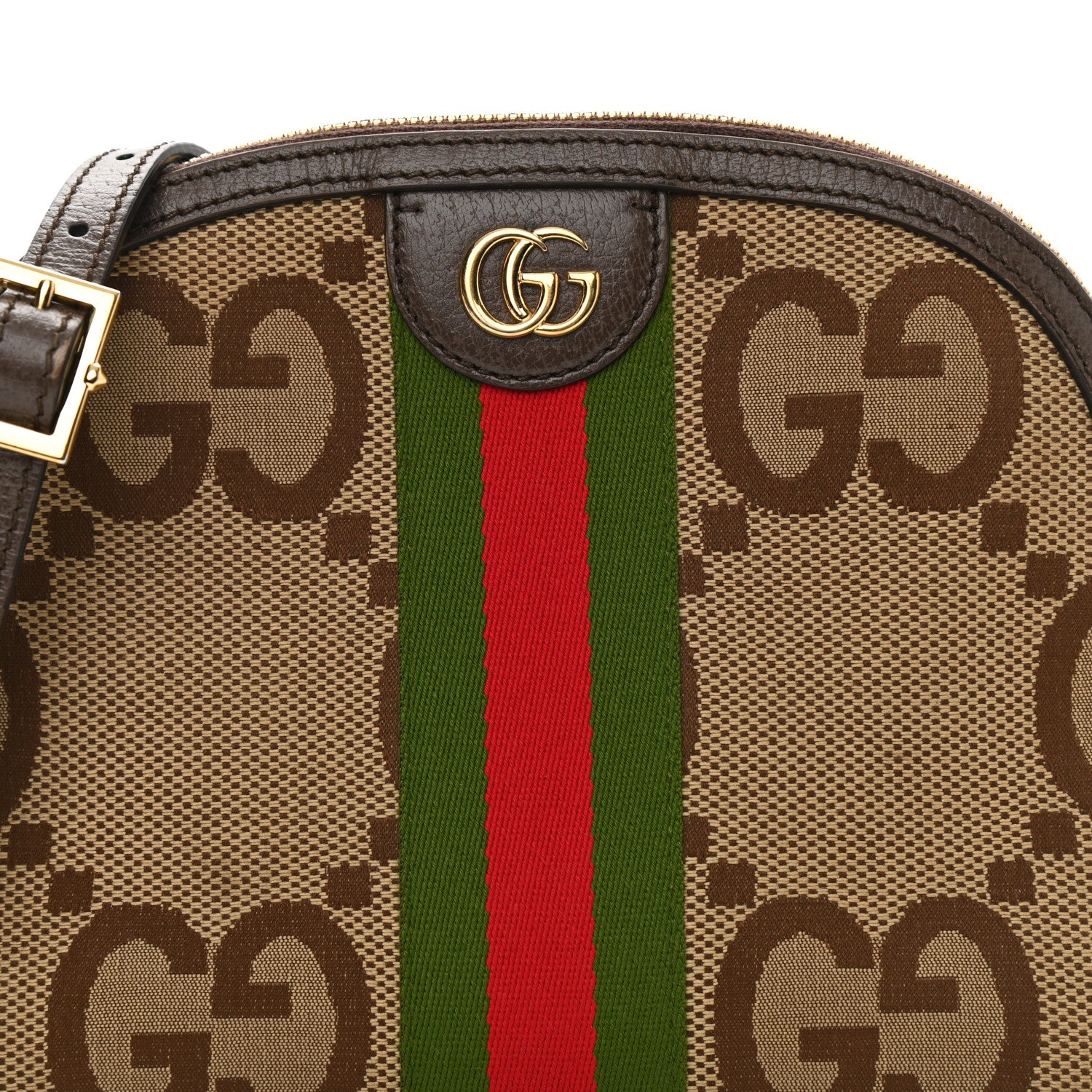 Gucci Monogram Jumbo GG Textured Dollar Calfskin Web Small Ophidia Dome Shoulder Bag Camel Ebony New Acero 6 of 9