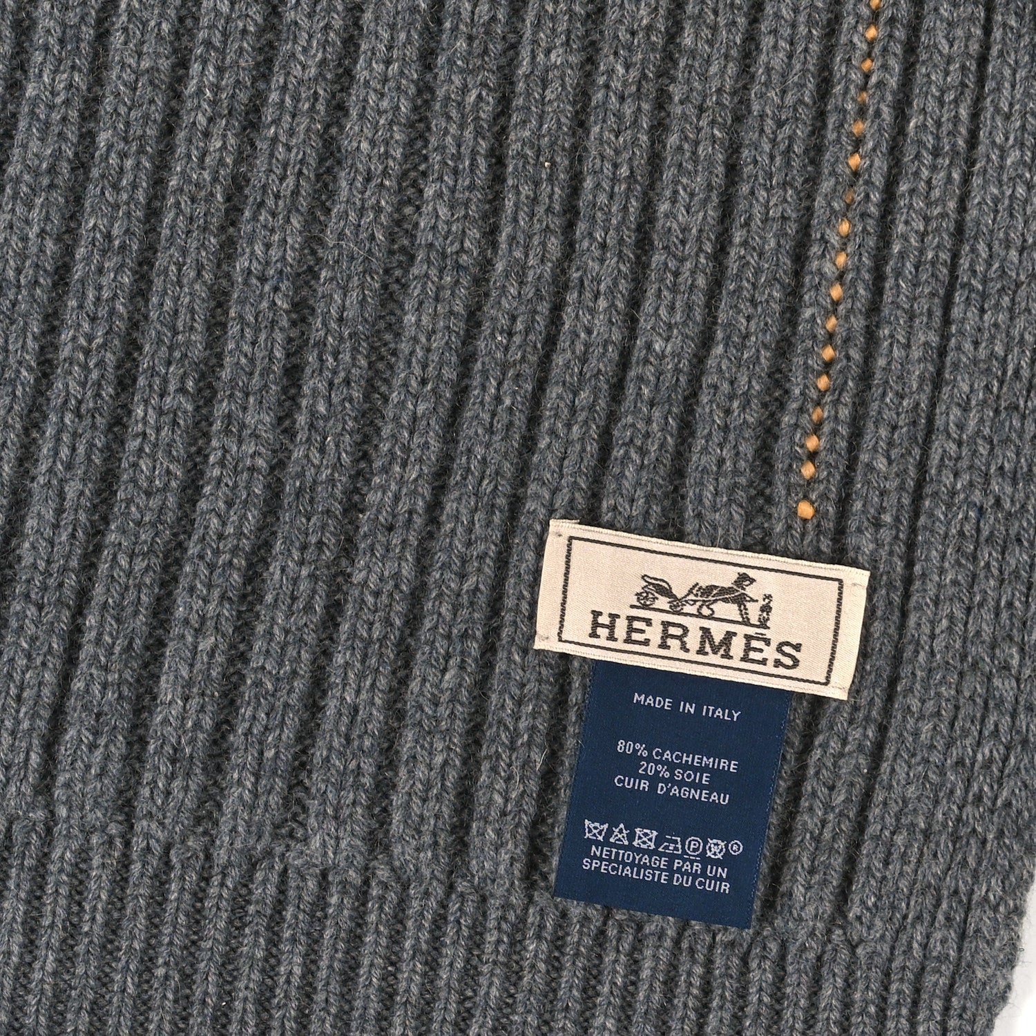 Hermes Cashmere Silk H Torsade Cuir Muffler Gris 3 of 3