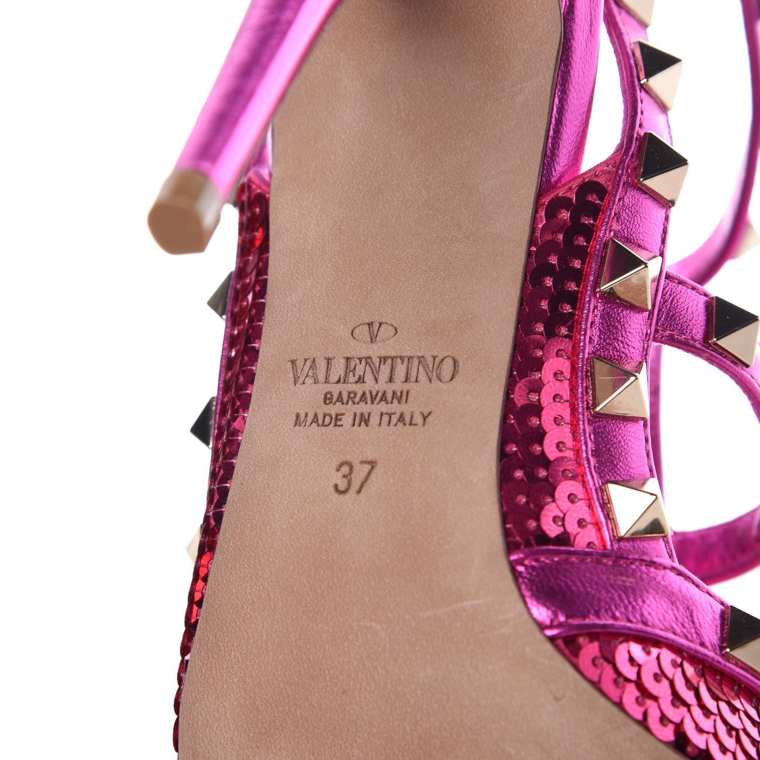 Valentino Garavani Sequin Metallic Nappa Liquid Metal Rockstud Ankle Strap Pumps 37 Pink Orchid 6 of 7
