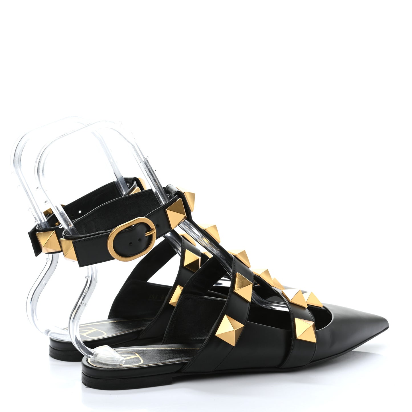 Calfskin Roman Stud Ankle Strap Flat Mules 39.5 Black
