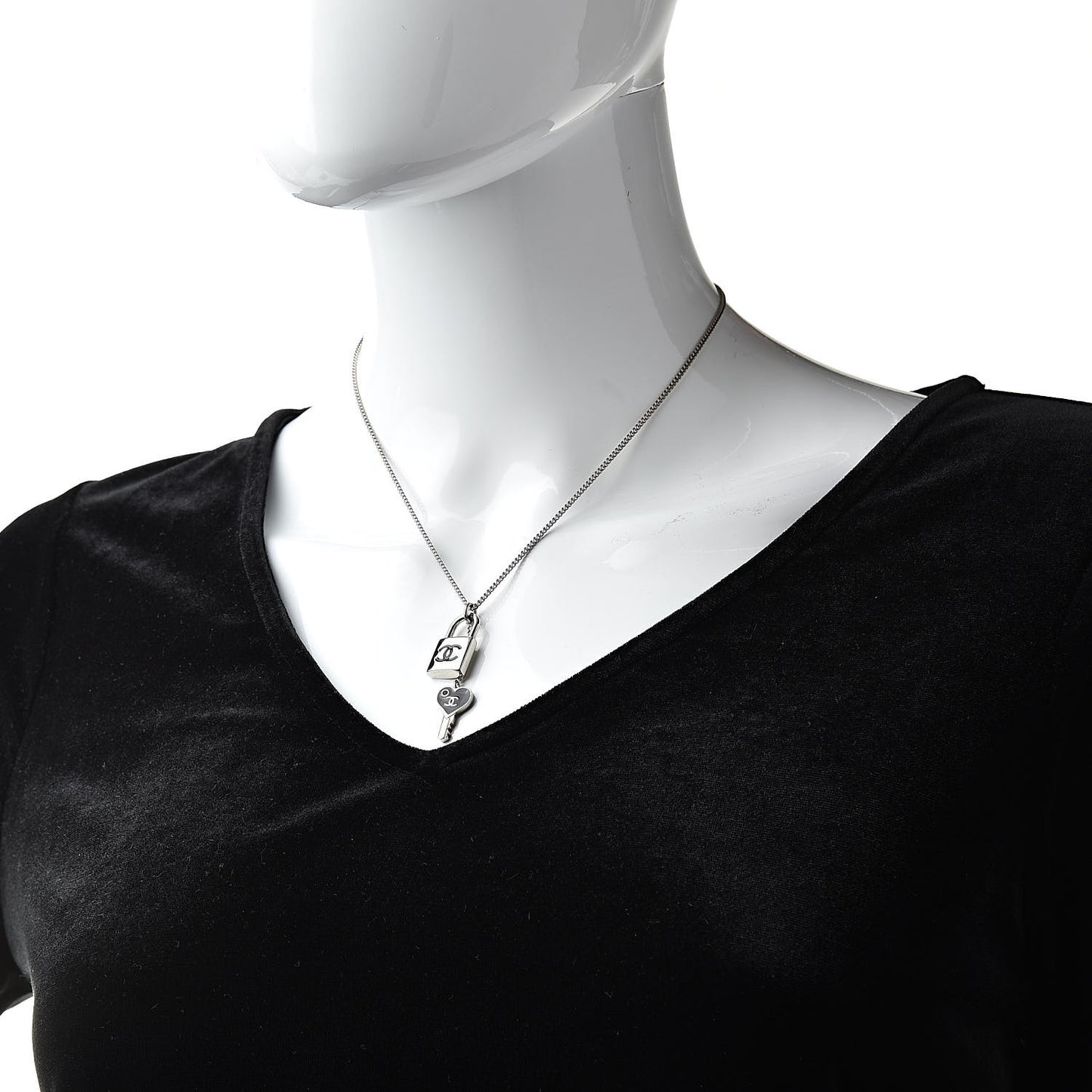 Enamel CC Padlock Heart Key Necklace Black Silver