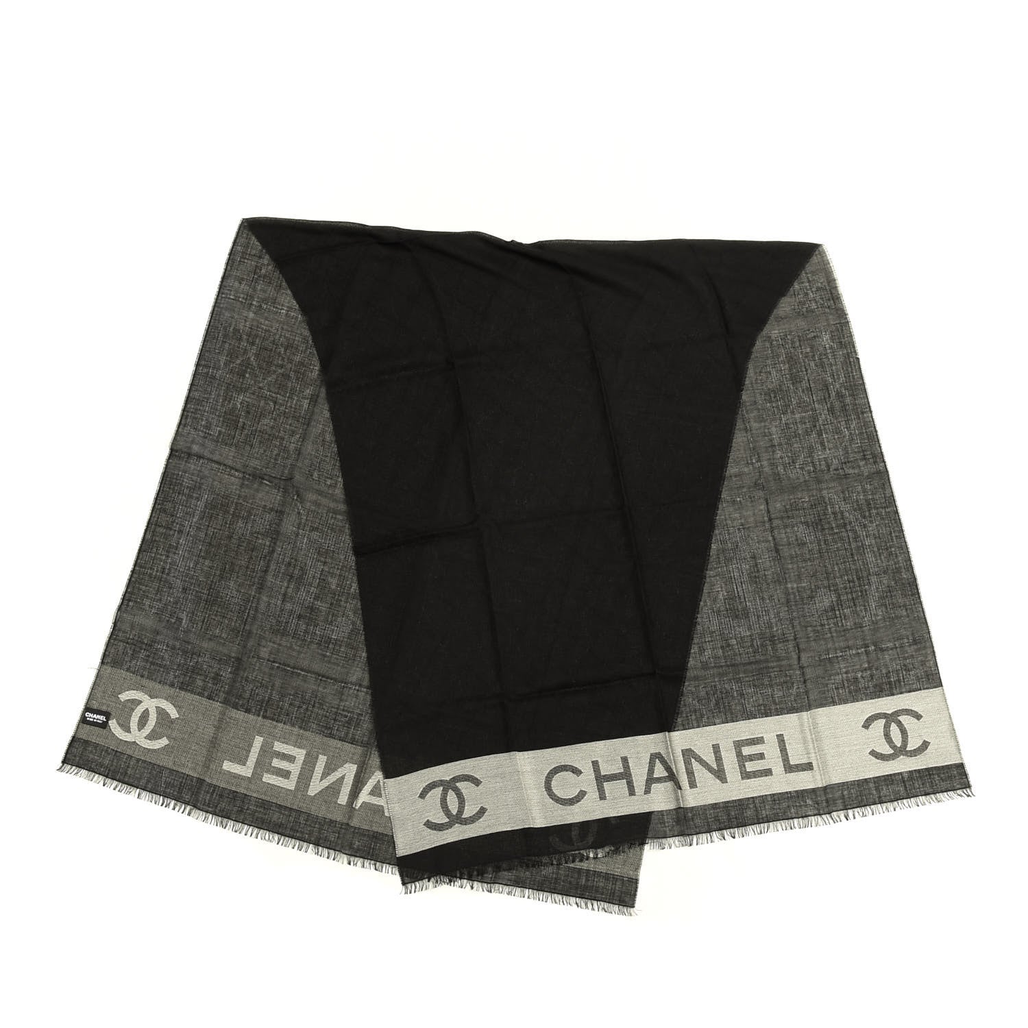 Chanel Wool Silk Cashmere CC Scarf Shawl Black White 2 of 3