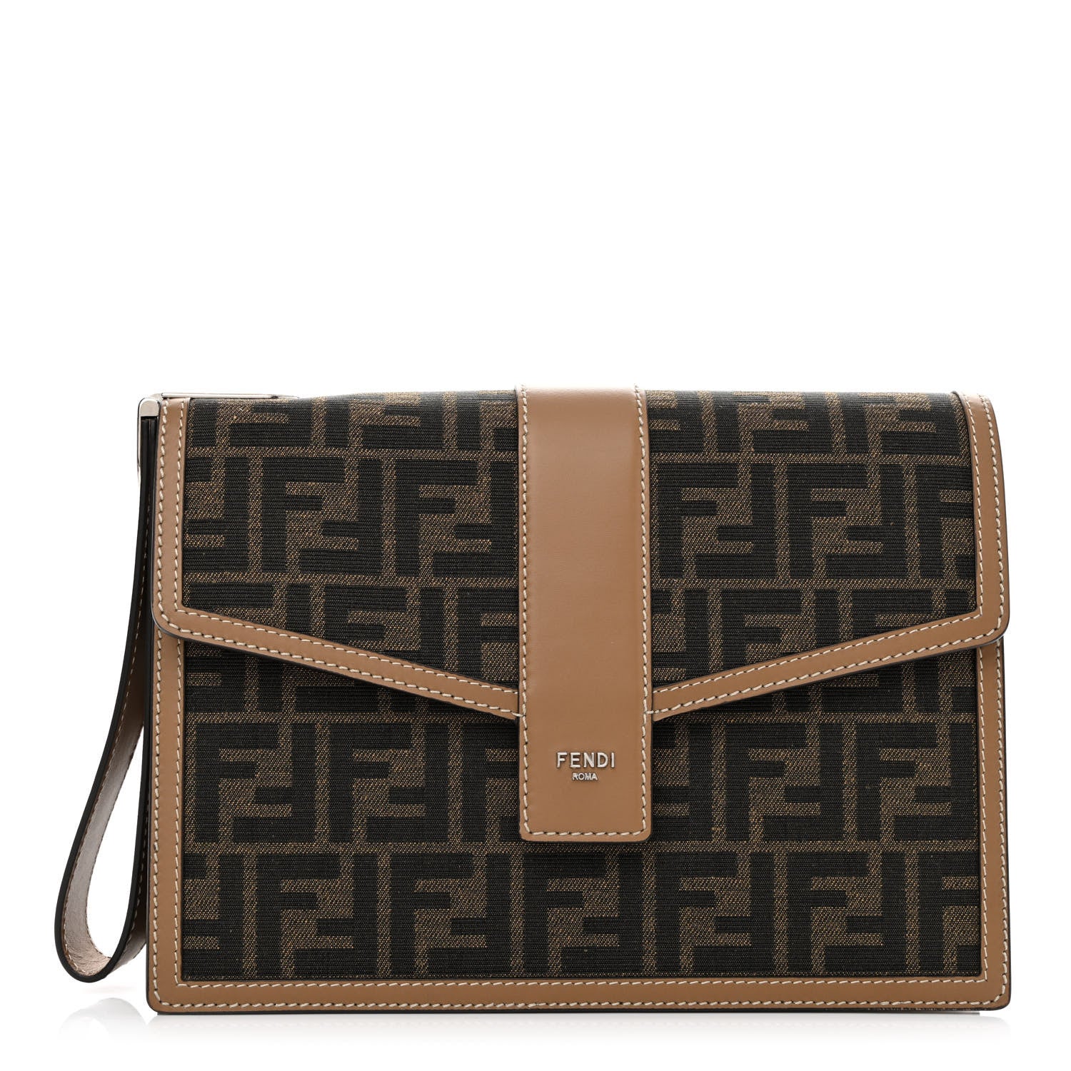 Fendi Recycled Fabric Jacquard Vitello King FF 1974 Soft Trunk Flap Clutch Tobacco Moro Sand 1 of 11