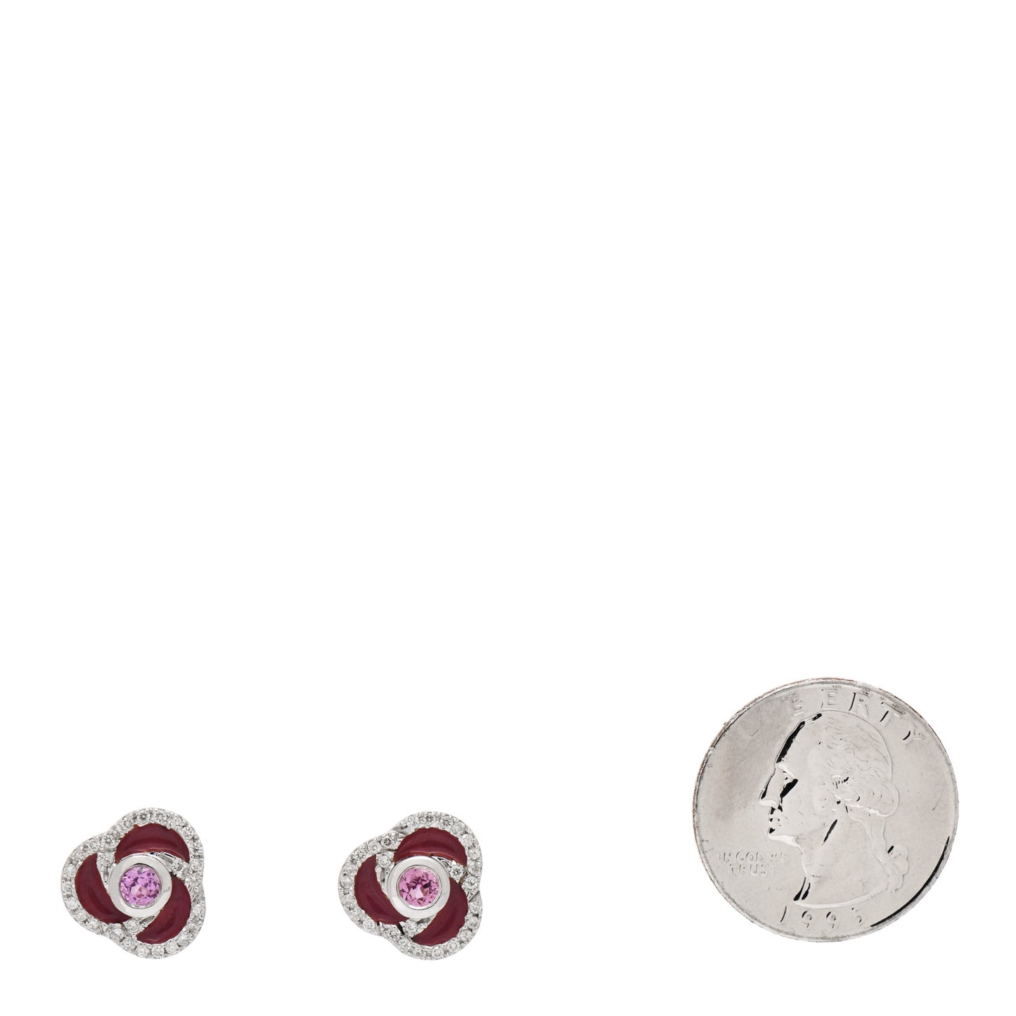 18K White Gold Diamond Pink Sapphire Enamel Flower Stud Earrings