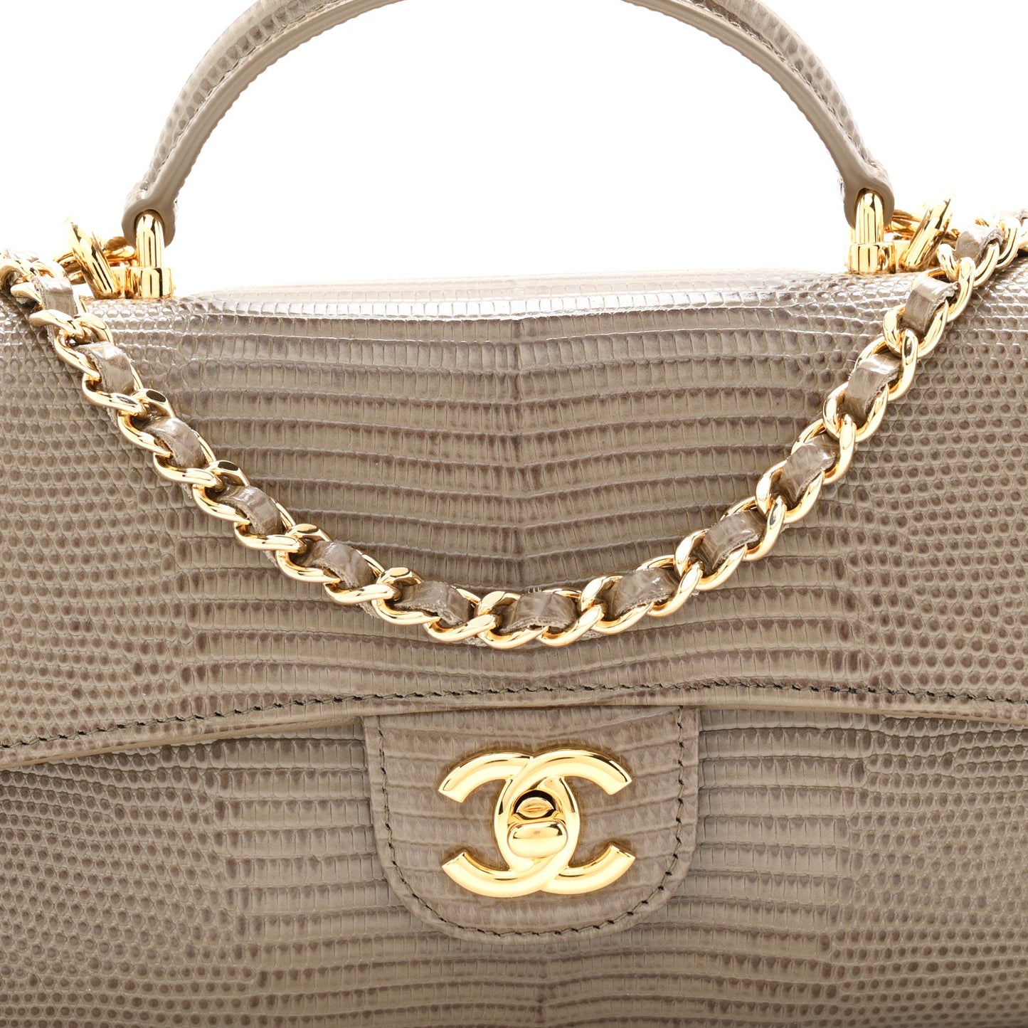 Calfskin Lizard Embossed Clutch With Chain Dark Khaki
