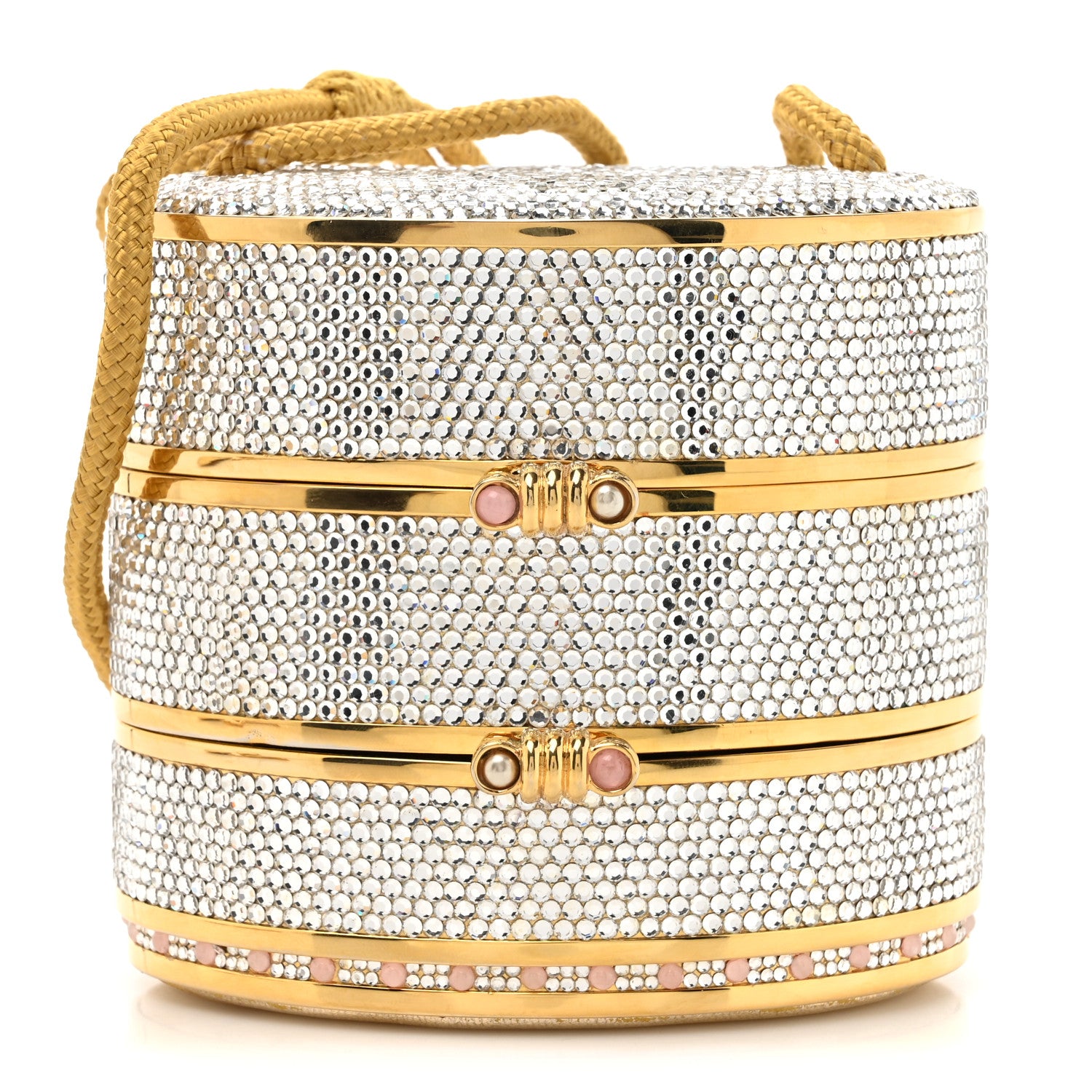 Judith Leiber Swarovski Crystal Minaudiere Train Case Clutch Gold Silver 1 of 15