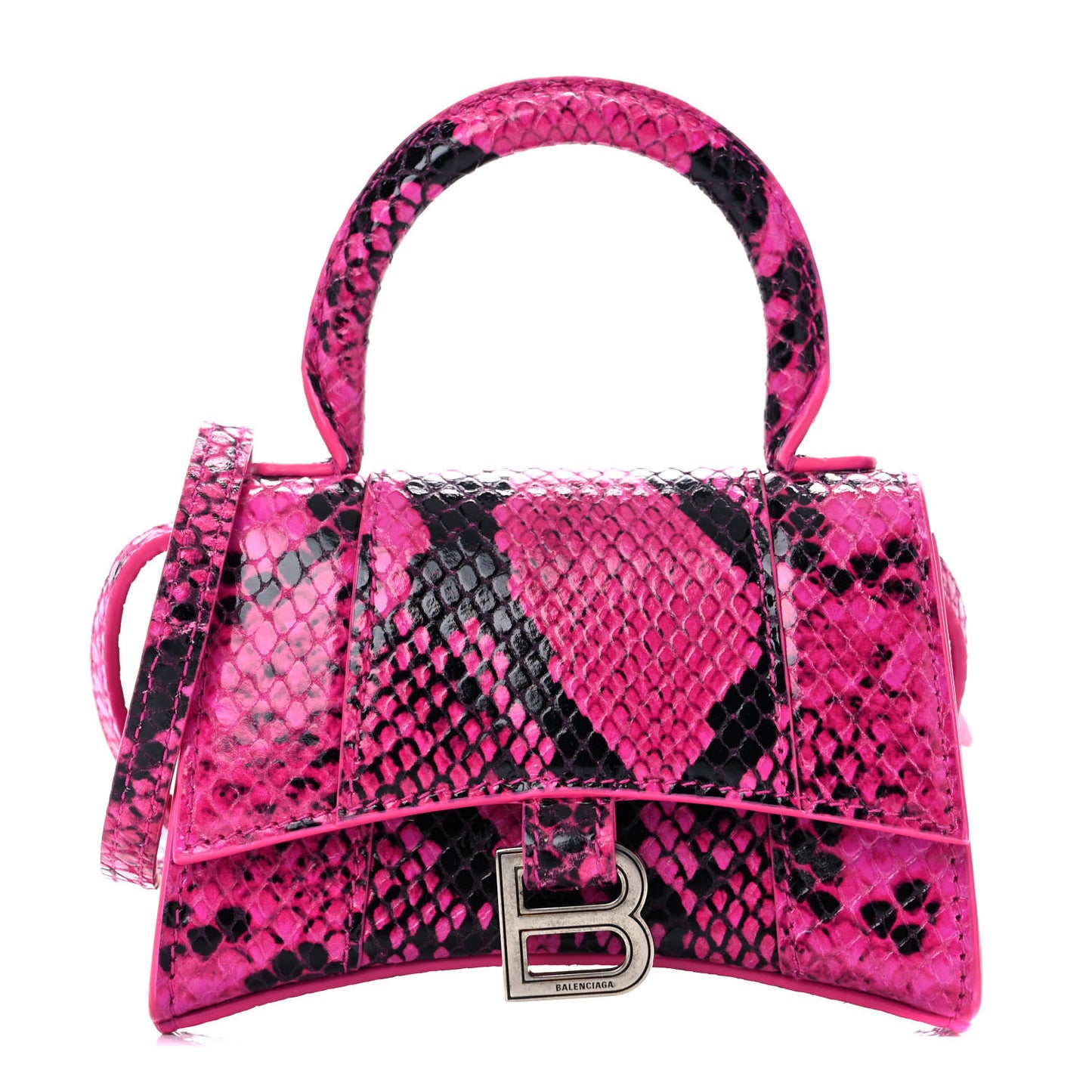 Shiny Calfskin Python Effect Hourglass Top Handle Bag Mini Fuchsia Black