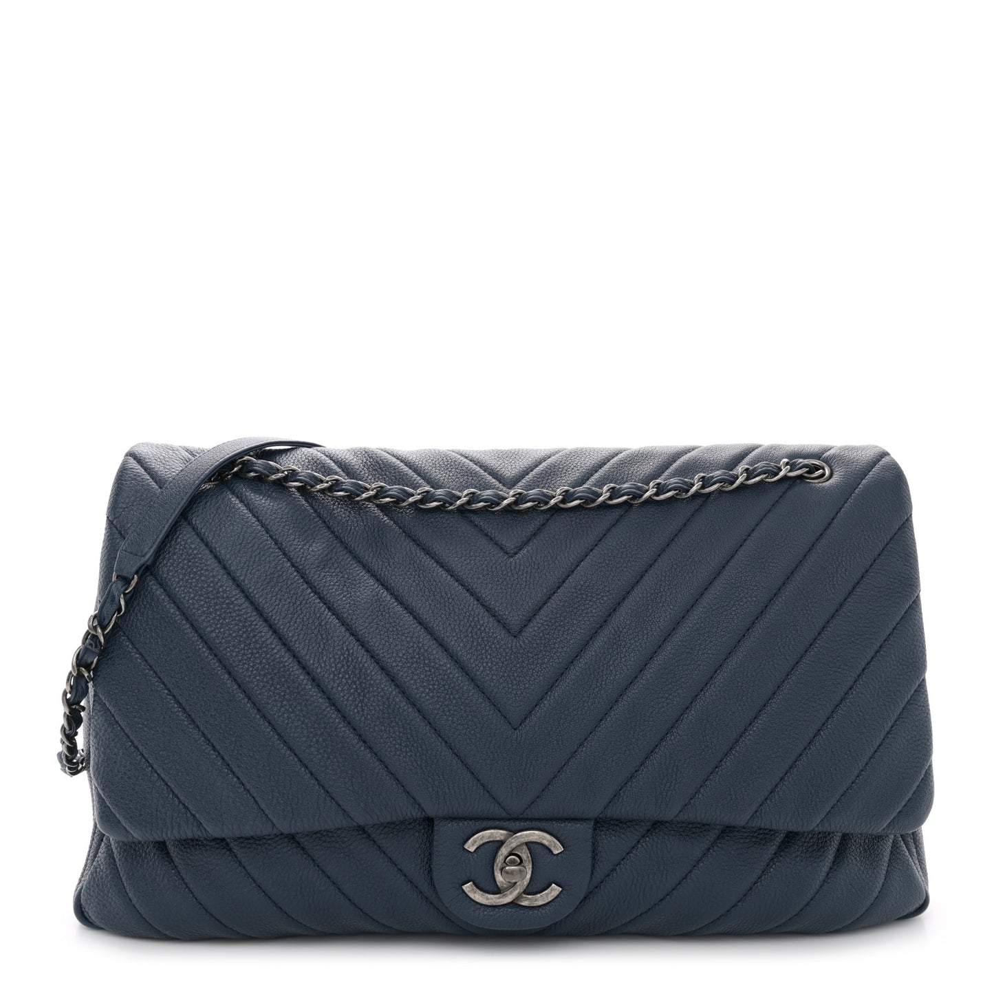 Calfskin Chevron Quilted XXL Travel Flap Bag Blue