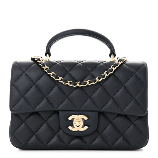 Iridescent Lambskin Quilted Mini Top Handle Rectangular Flap Dark Blue