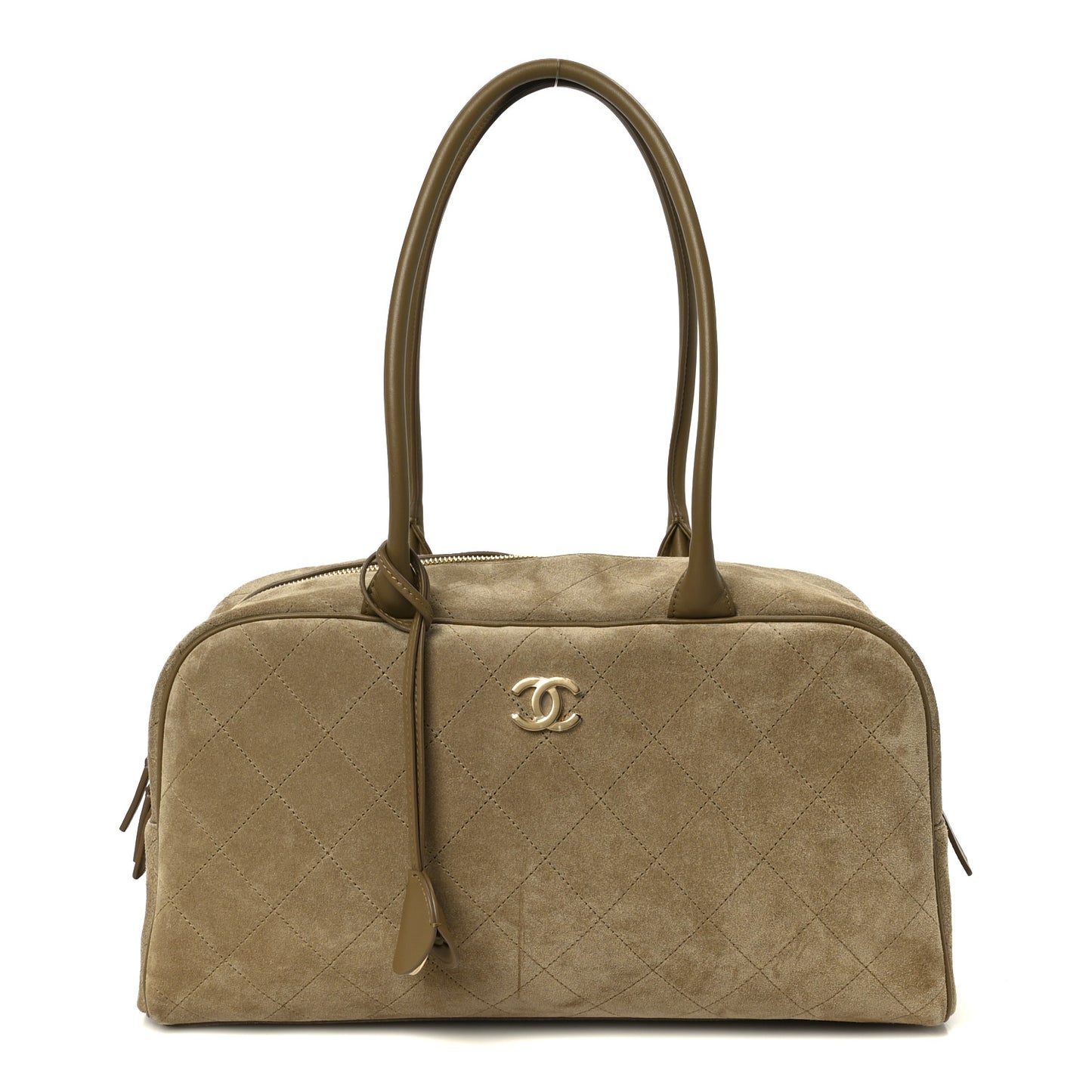 Suede Calfskin Large Perfect Bowling Bag Dark Beige