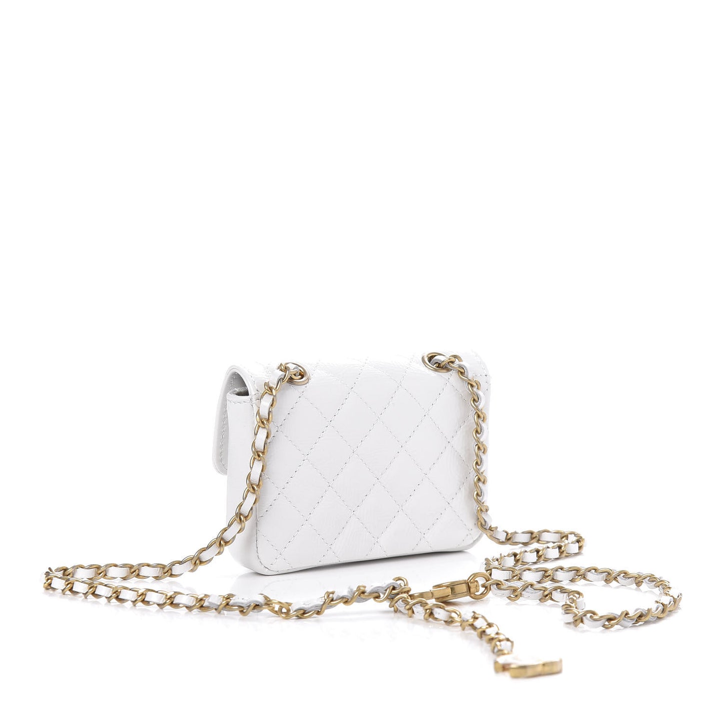 Shiny Aged Calfskin Quilted Waist Belt Bag White