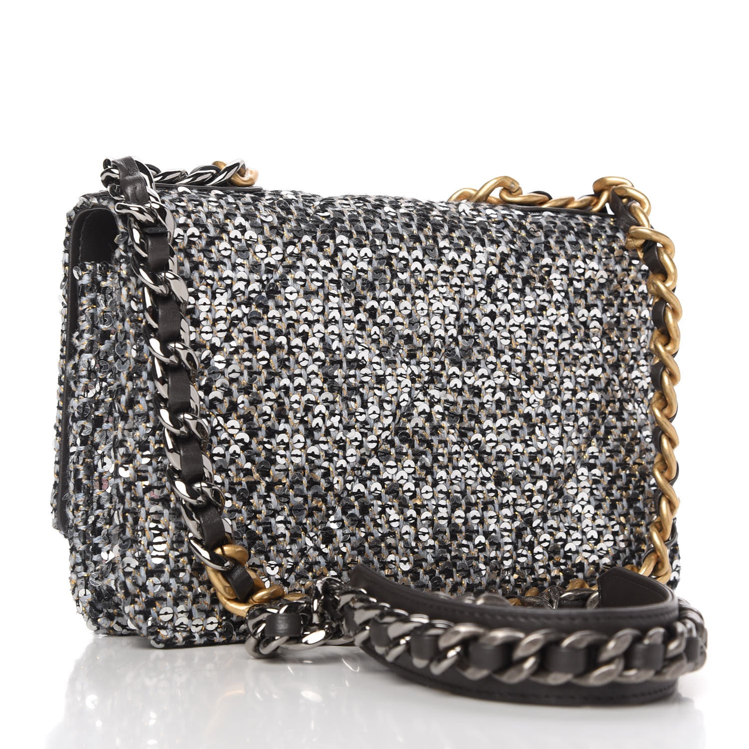 Chanel Sequin Quilted Chanel 19 Wallet On Chain WOC Silver 3 of 12