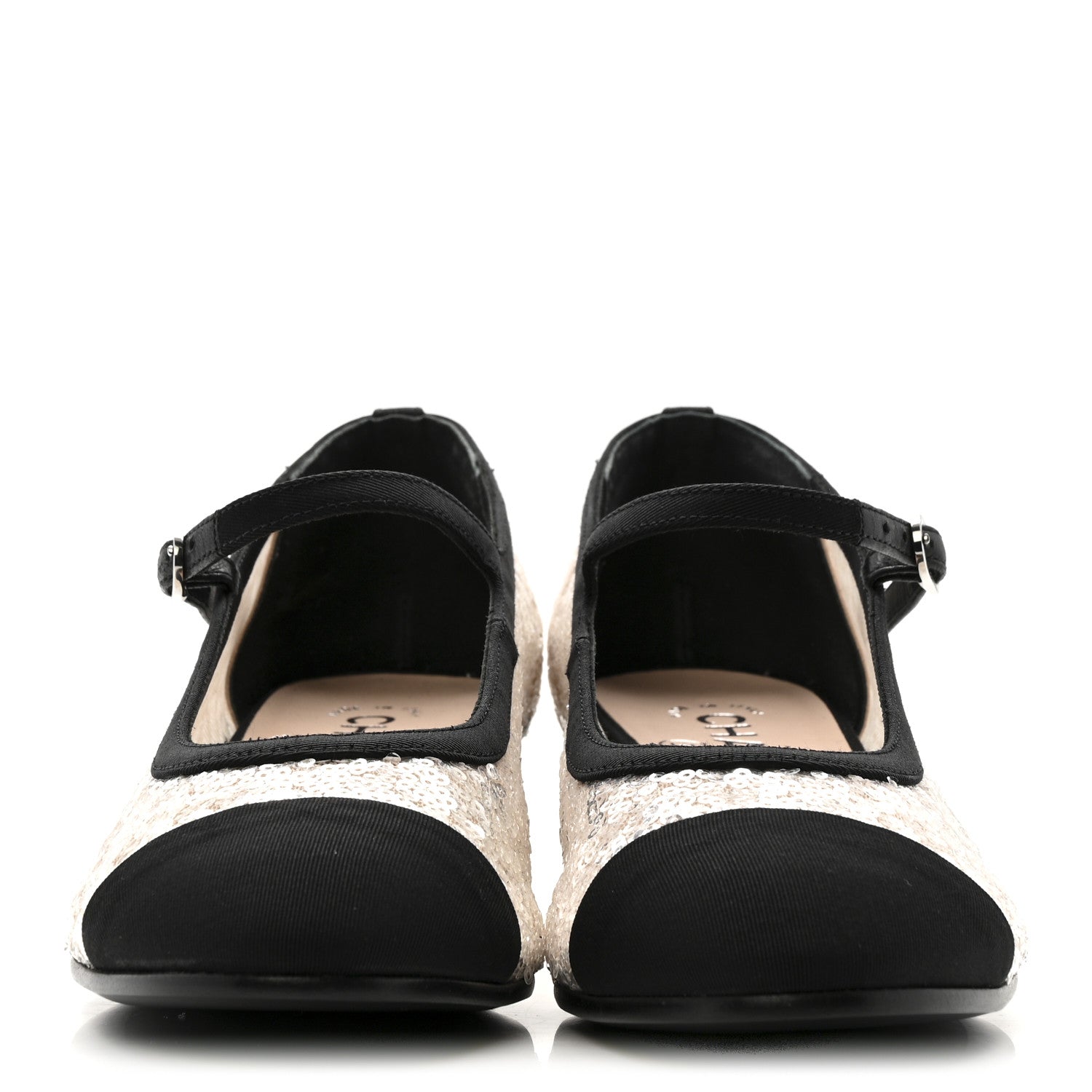 シャネル★ Chanel Glittered Tulle Sequin Grosgrain Cap Toe CC Mary Jane Pumps