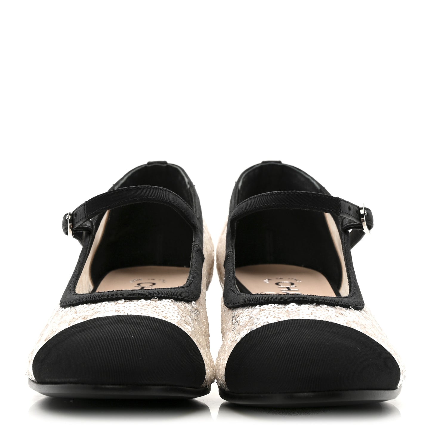Glittered Tulle Sequin Grosgrain Cap Toe CC Mary Jane Pumps 36.5 Light Pink Black