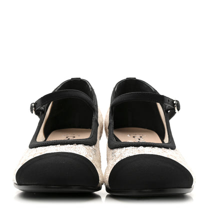 Chanel Glittered Tulle Sequin Grosgrain Cap Toe CC Mary Jane Pumps 36.5 Light Pink Black 3 of 10