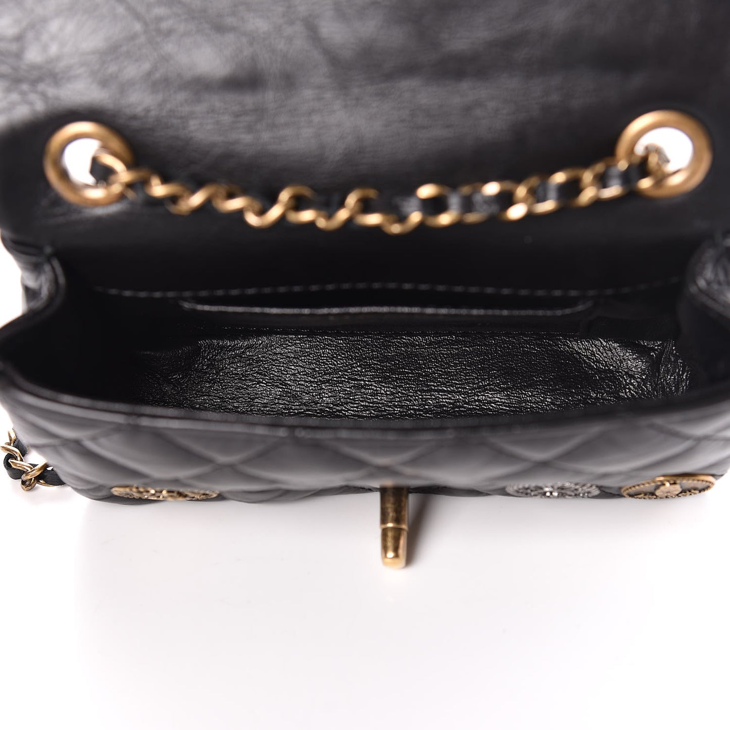 Aged Calfskin Quilted Extra Mini Medallion Flap Black