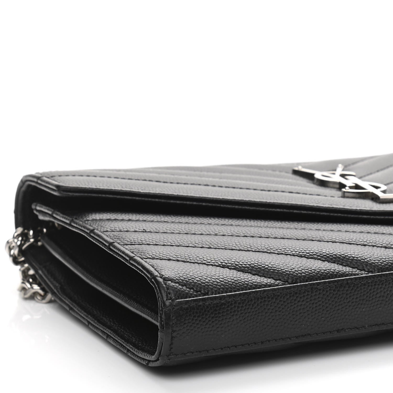 Saint Laurent Grain De Poudre Matelasse Chevron Monogram Chain Wallet Black 8 of 10