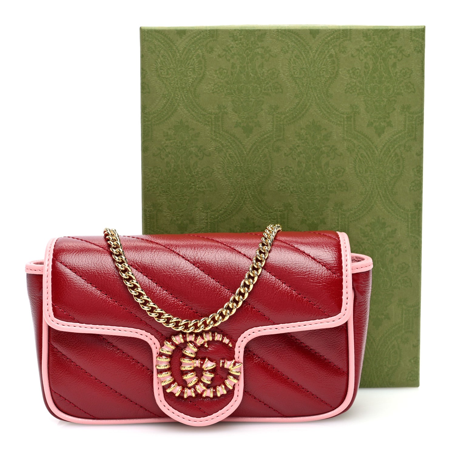 Gucci Azalea Calfskin Enamel Matelasse Diagonal Super Mini Torchon GG Marmont Shoulder Bag New Cherry Red Wild Rose 11 of 11