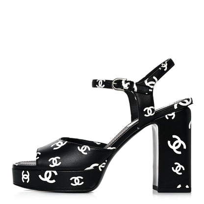 Chanel Printed Lambskin Coco Beach Platform Sandals 39 Black White 1 of 12