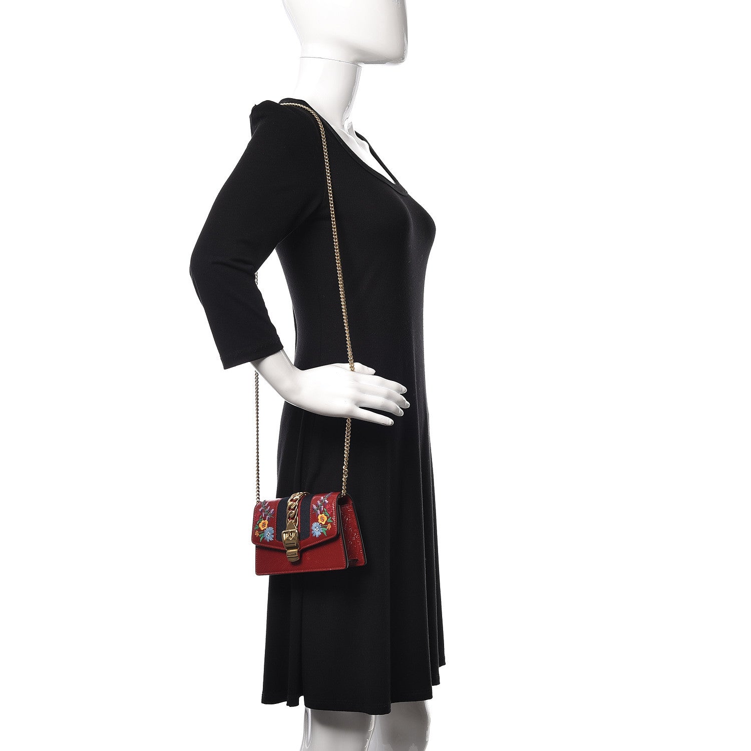Gucci Patent Embroidered Super Mini Sylvie Chain Shoulder Bag Red 2 of 11