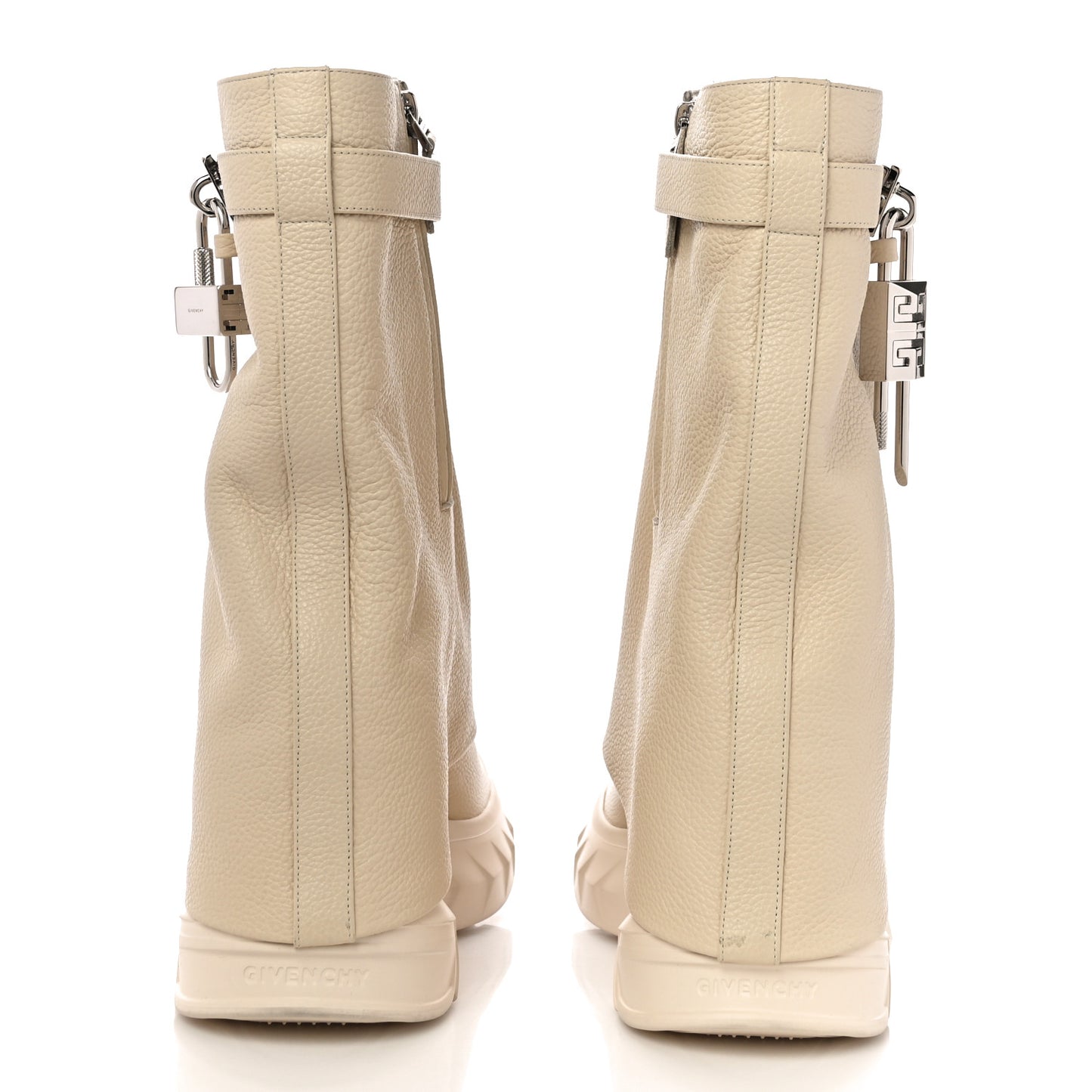 Grained Calfskin Shark Lock Biker Ankle Boots 40 Beige