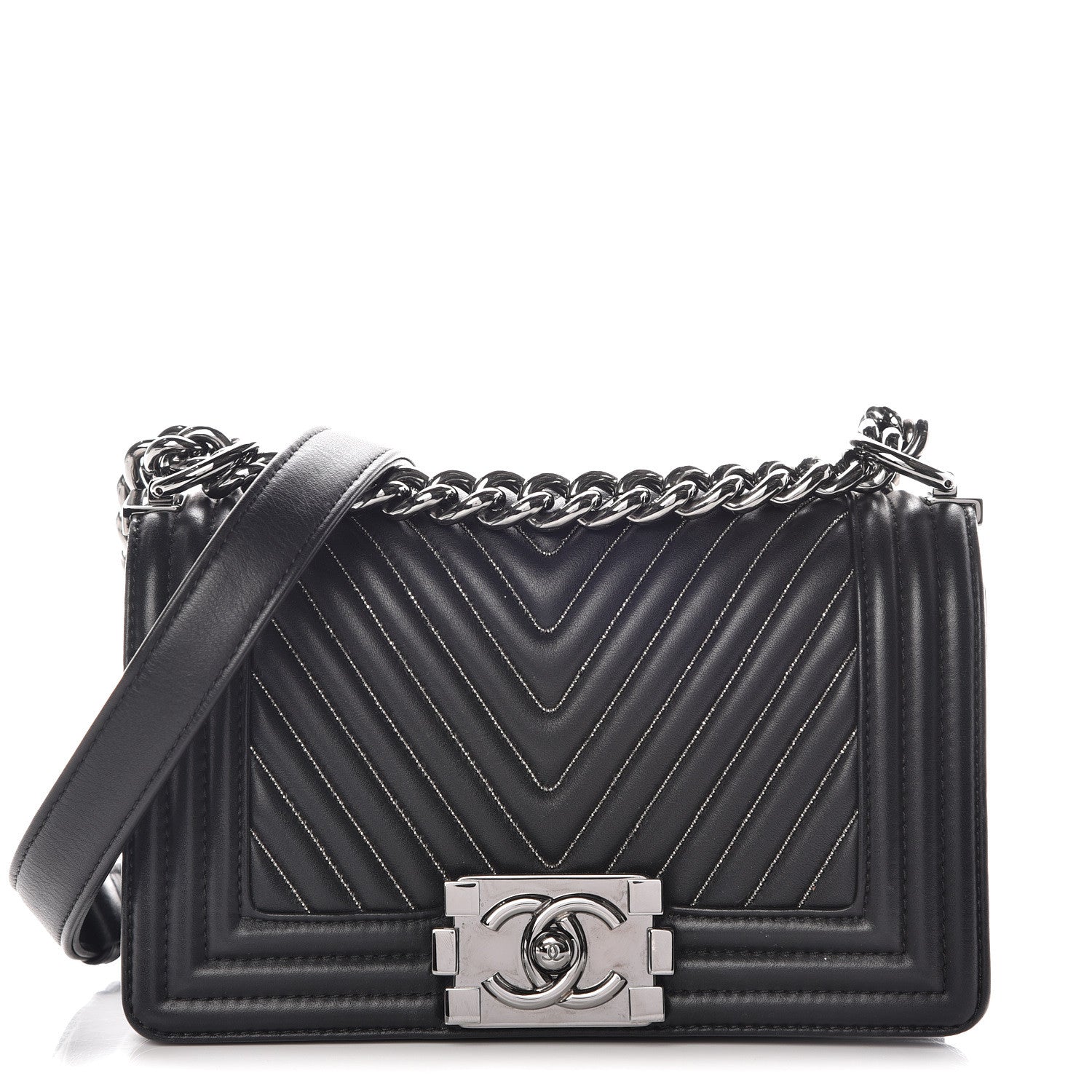 Chanel Calfskin Chain Chevron Small Boy Flap Black 1 of 12
