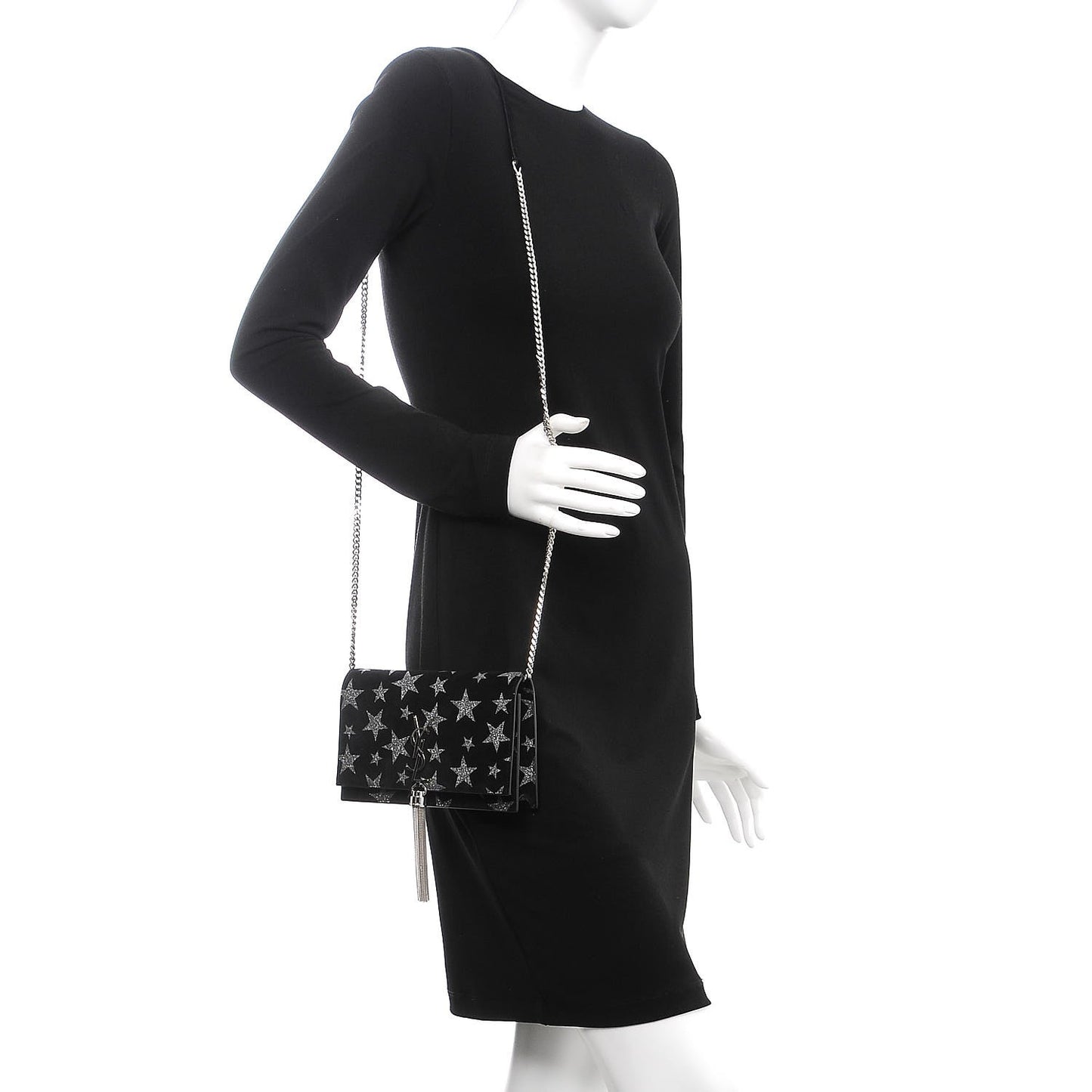 Suede Star Print Monogram Chain Wallet Black Silver