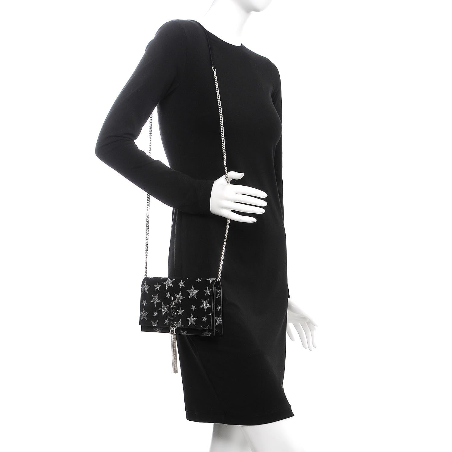 Saint Laurent Suede Star Print Monogram Chain Wallet Black Silver 2 of 8